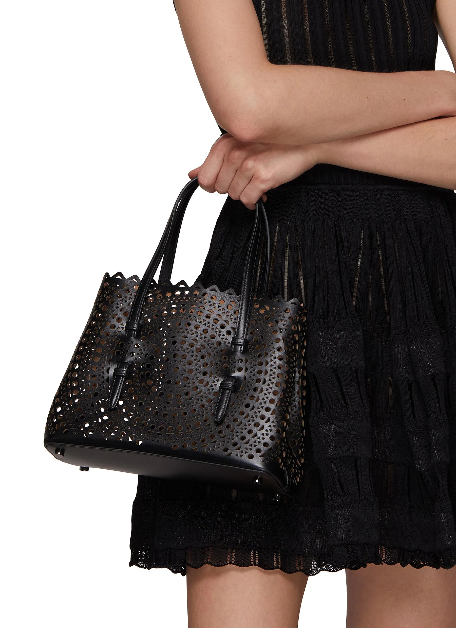 -----------ALAÏA ---- ------------BLACK ----Mina 25 Perforated Leather Tote Bag --