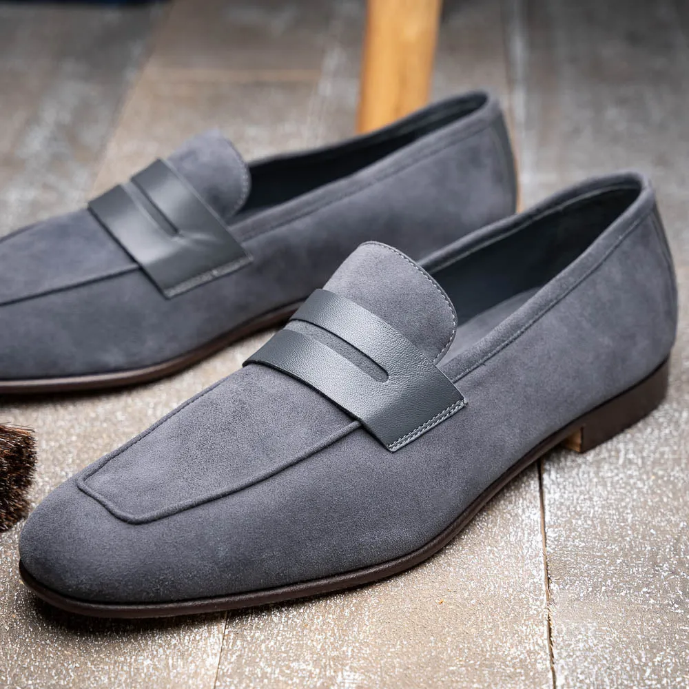 16-672-GRY Tippa Suede & Calfskin Penny Loafers Grey