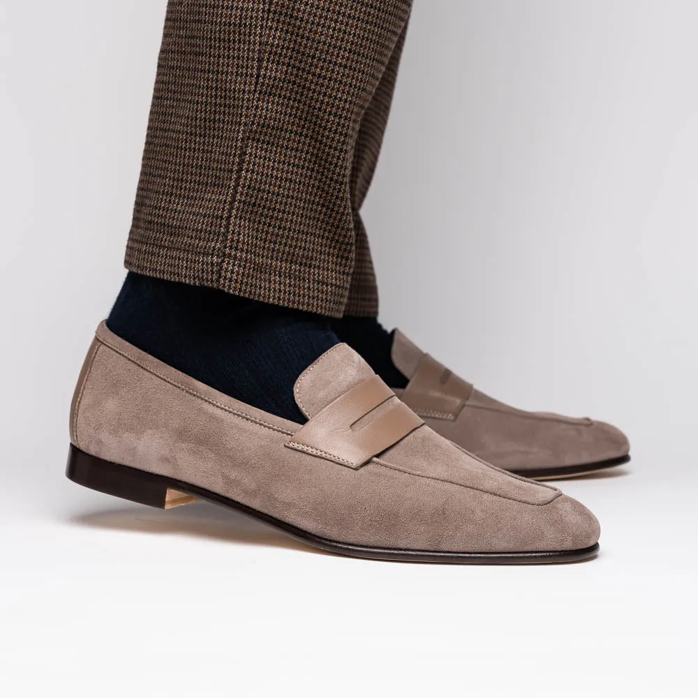 16-672-TPE Tippa Suede & Calfskin Penny Loafers Taupe