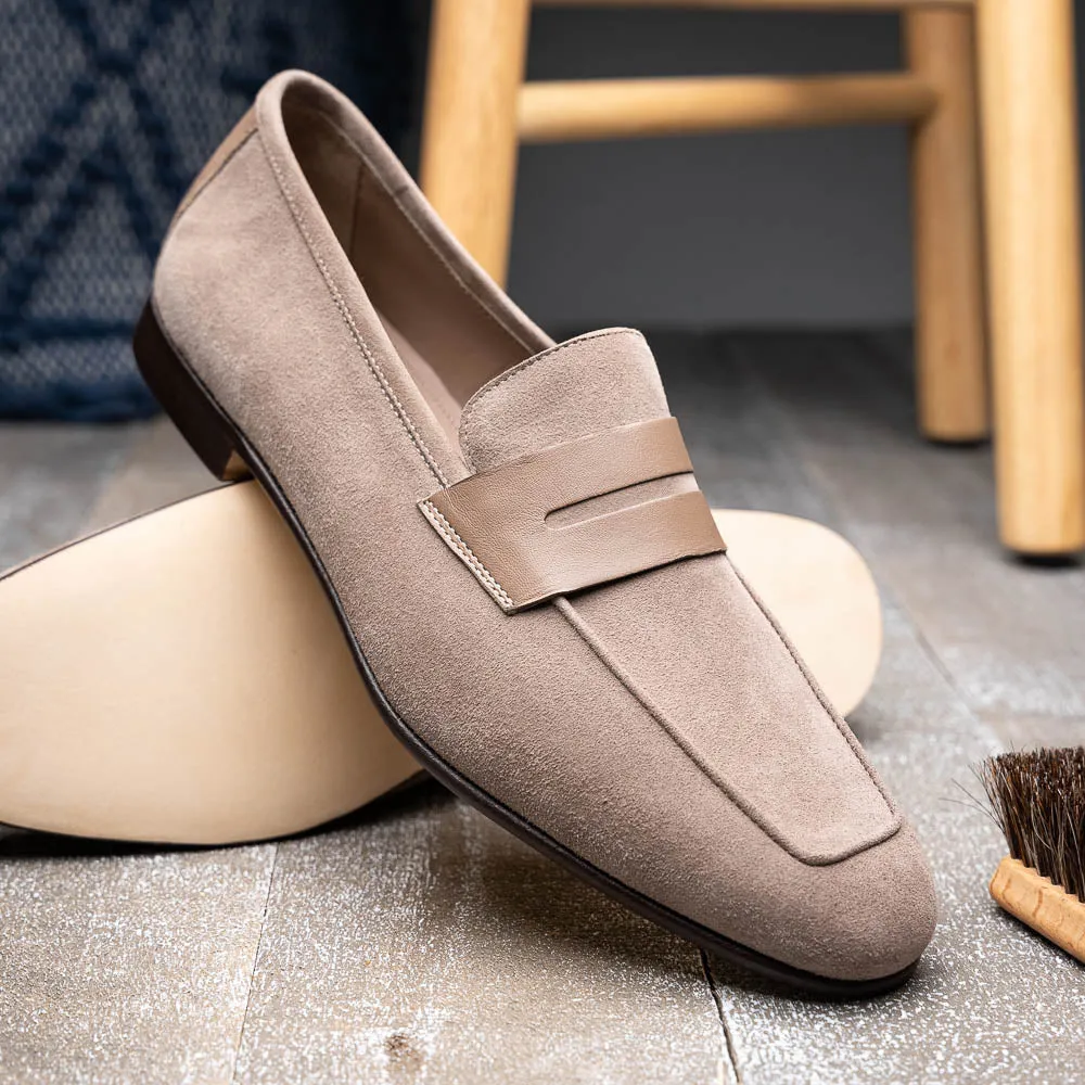 16-672-TPE Tippa Suede & Calfskin Penny Loafers Taupe