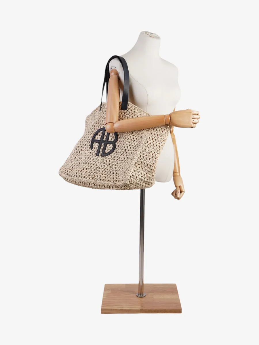 Anine Bing Rio Logo-Embossed Straw Tote Bag Beige / Black Raffia Large