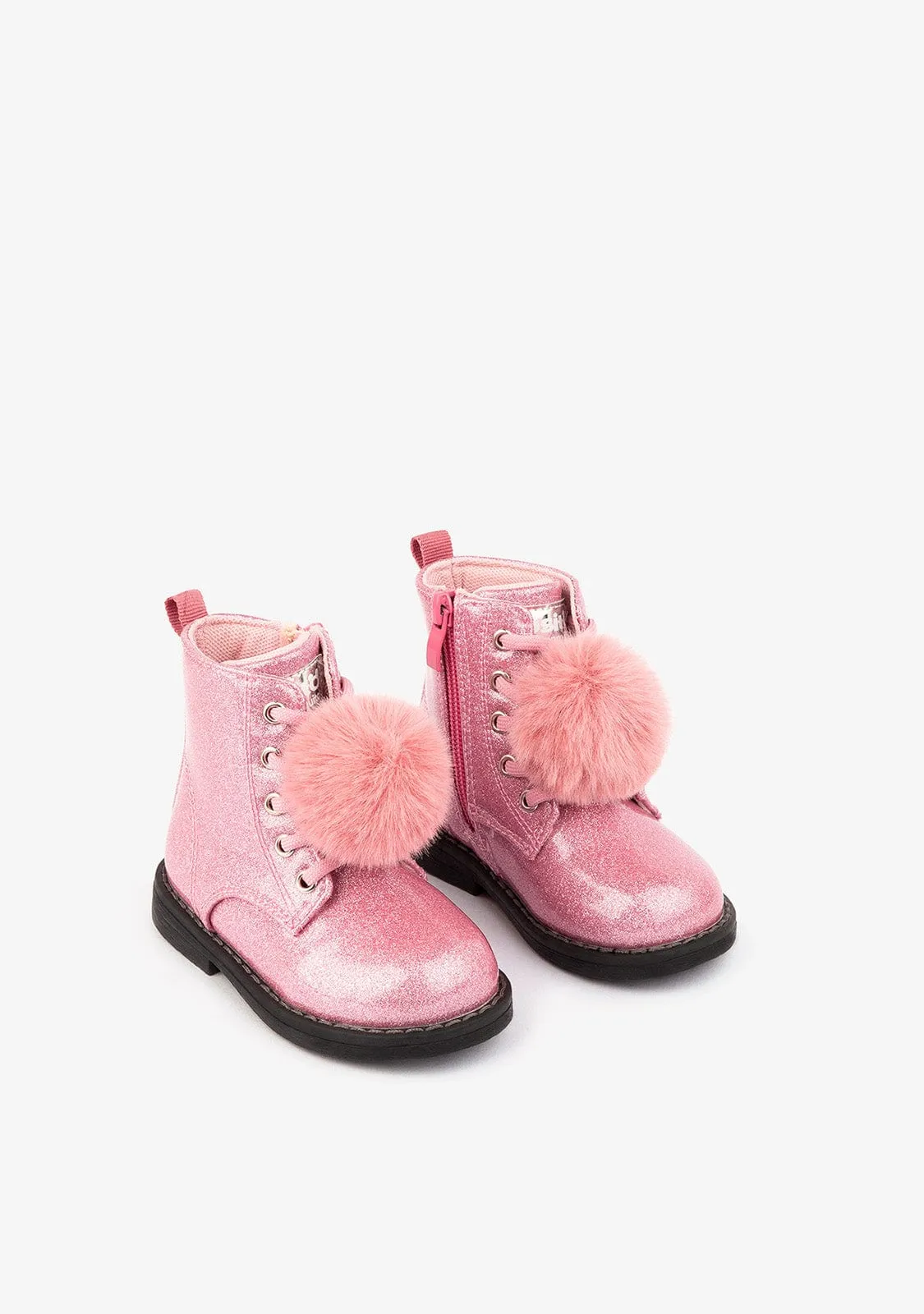 Baby's Pink Glitter Patent Ankle Boots With Detail