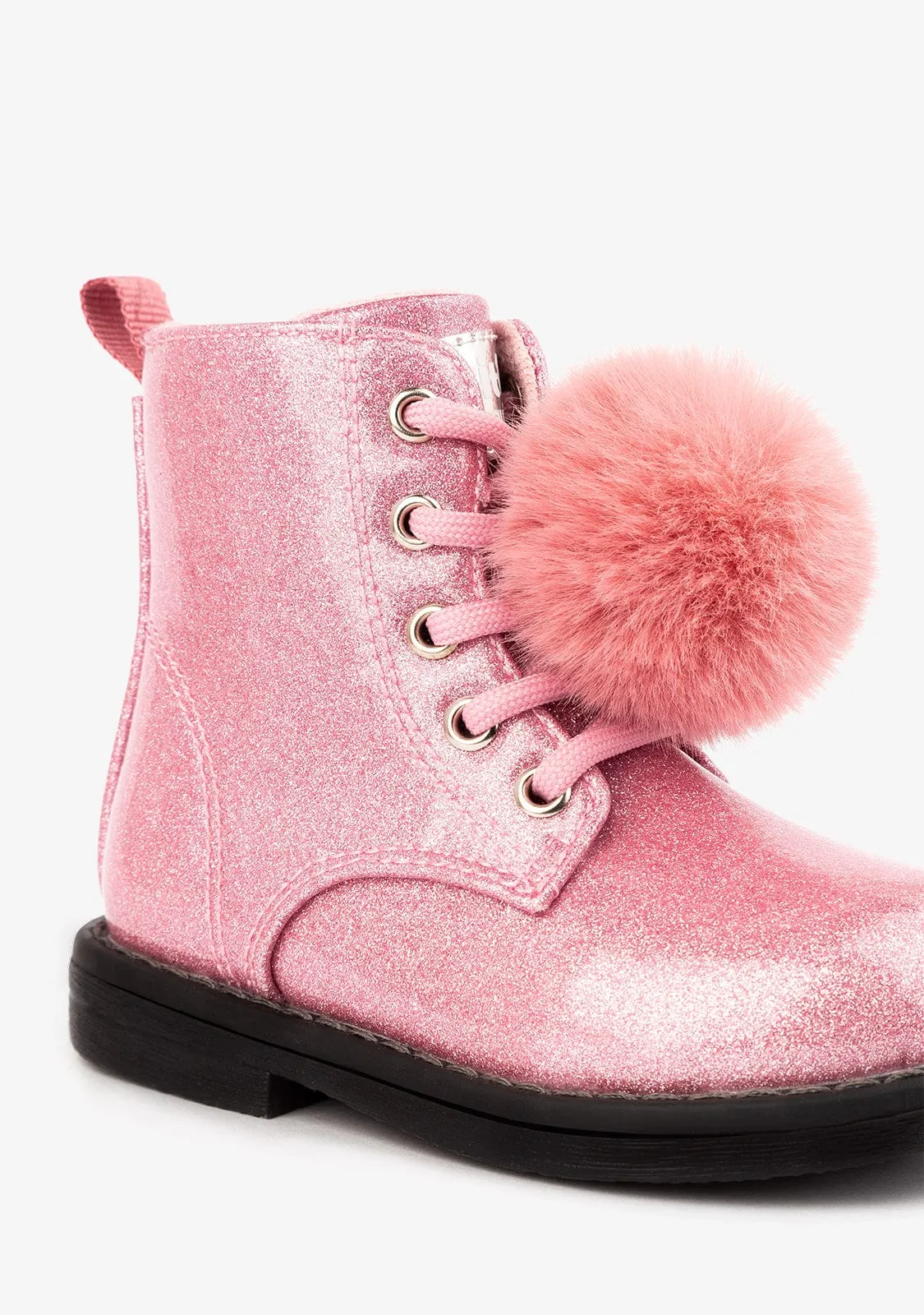 Baby's Pink Glitter Patent Ankle Boots With Detail