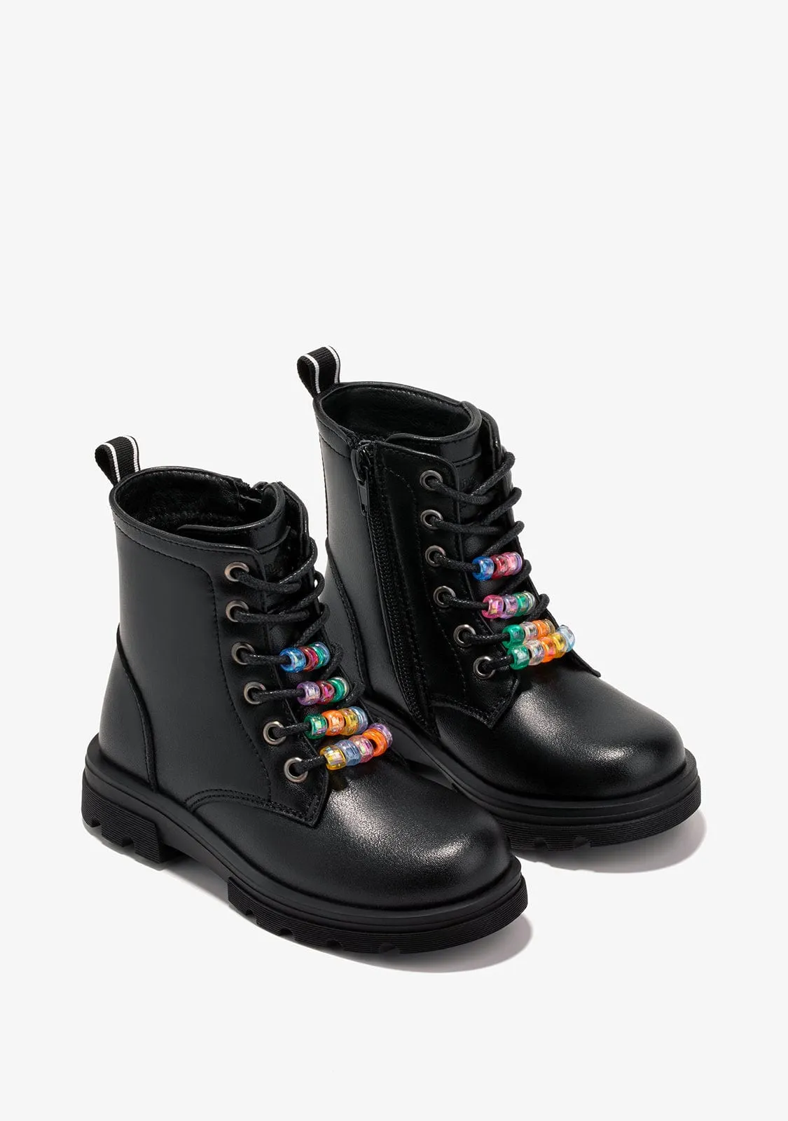 Girl's Black Beads Cord Ankle Boots