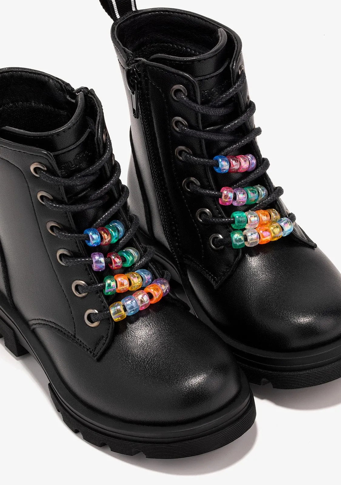 Girl's Black Beads Cord Ankle Boots