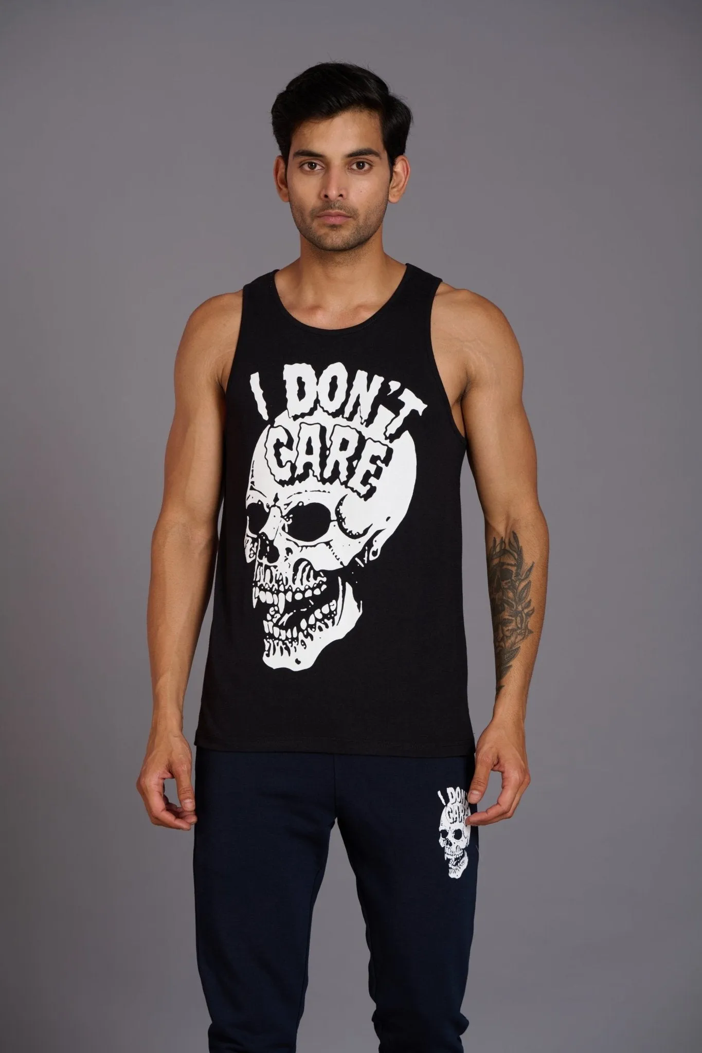 I Don't Care Printed Black Vest (Activewear) for Men