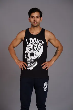 I Don't Care Printed Black Vest (Activewear) for Men