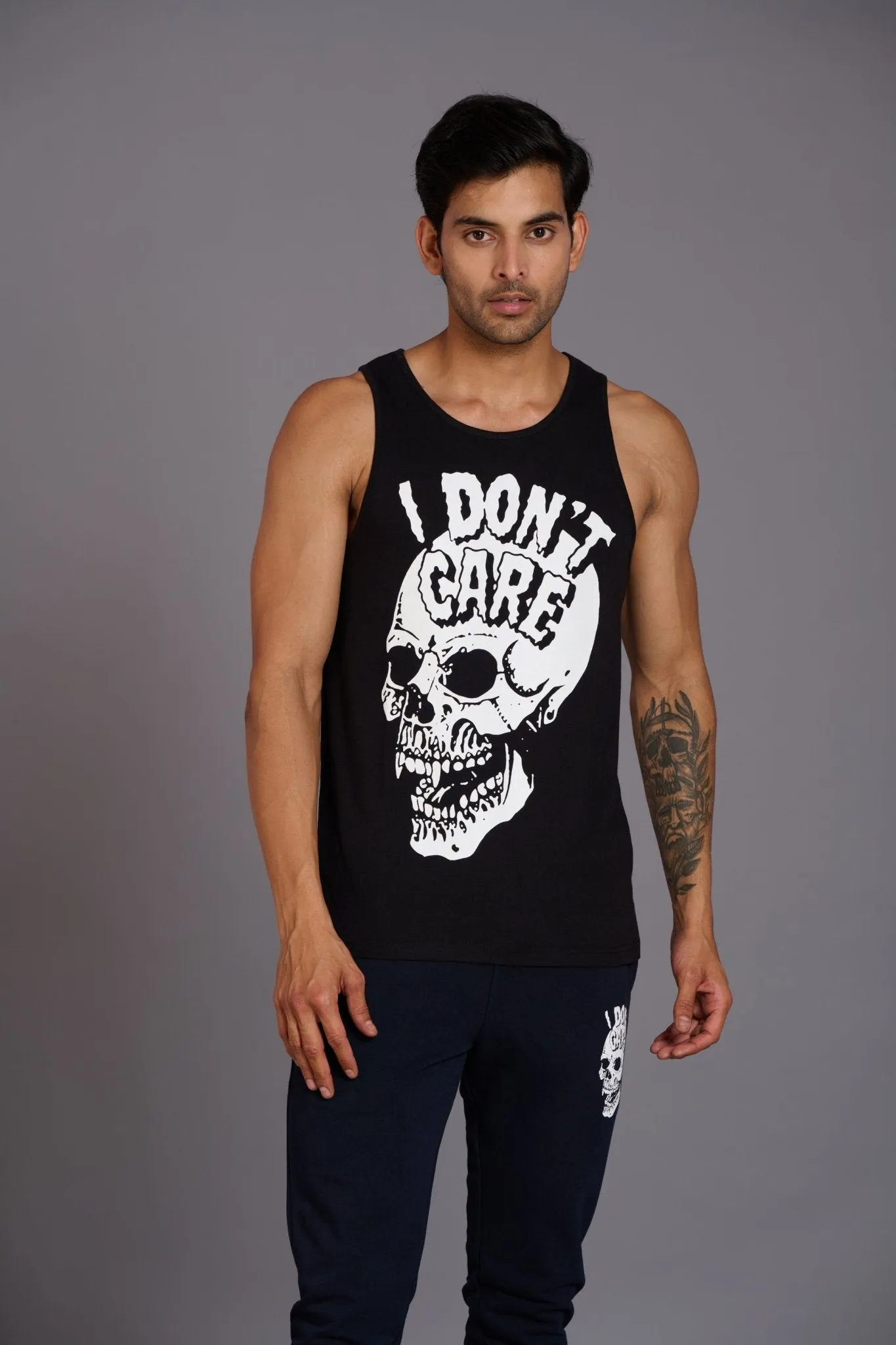 I Don't Care Printed Black Vest (Activewear) for Men