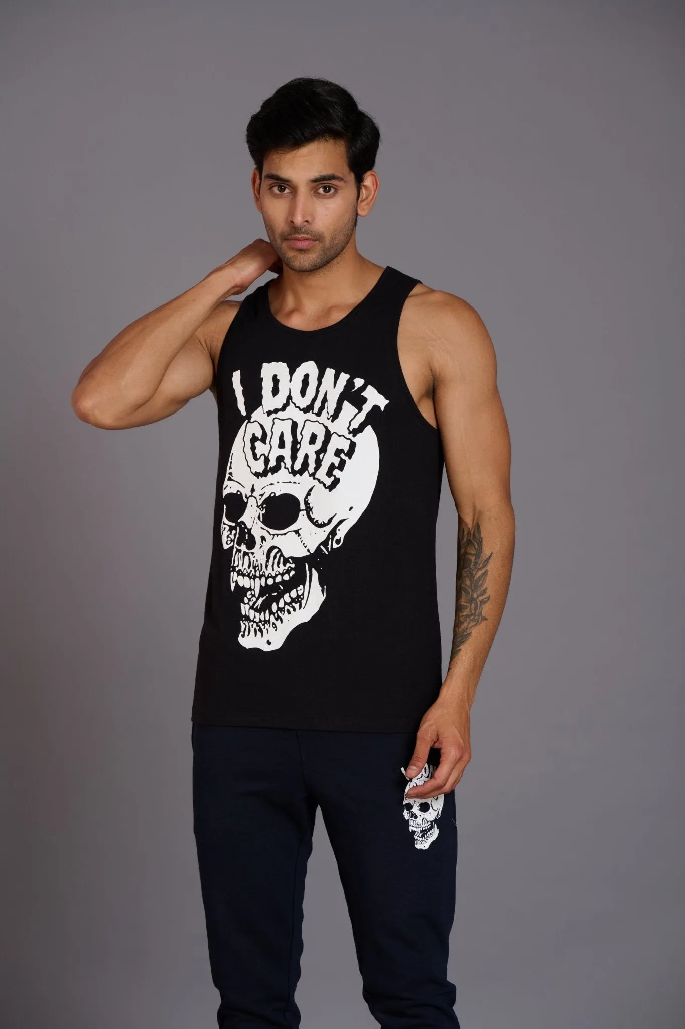 I Don't Care Printed Black Vest (Activewear) for Men