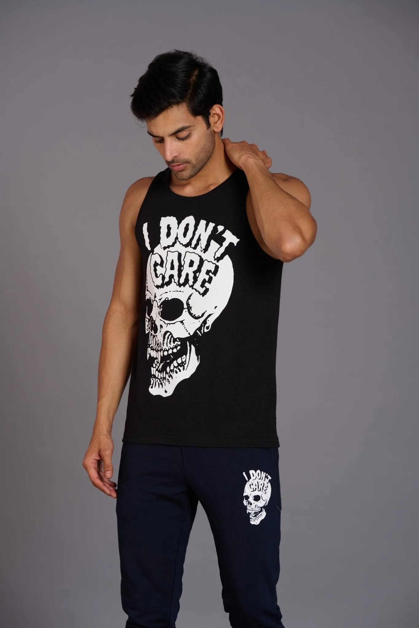 I Don't Care Printed Black Vest (Activewear) for Men