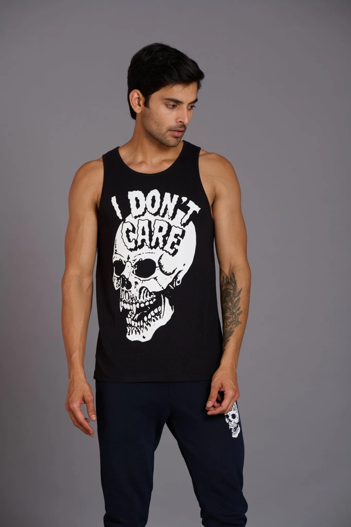 I Don't Care Printed Black Vest (Activewear) for Men