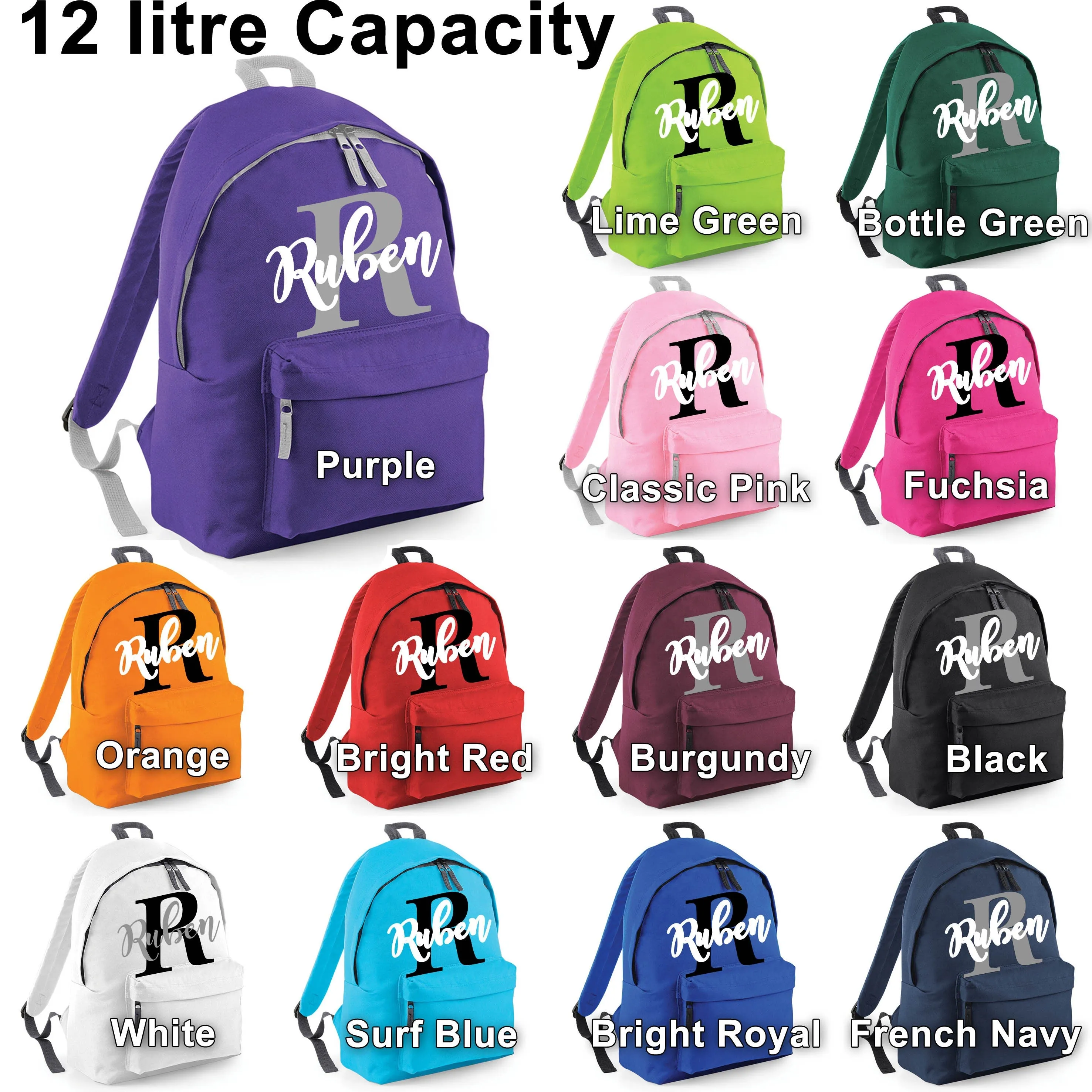 Kids Backpack Personalised With Name and Initial Available In Three Sizes - Mini 9L - Junior 12L - Original Full Size 18L