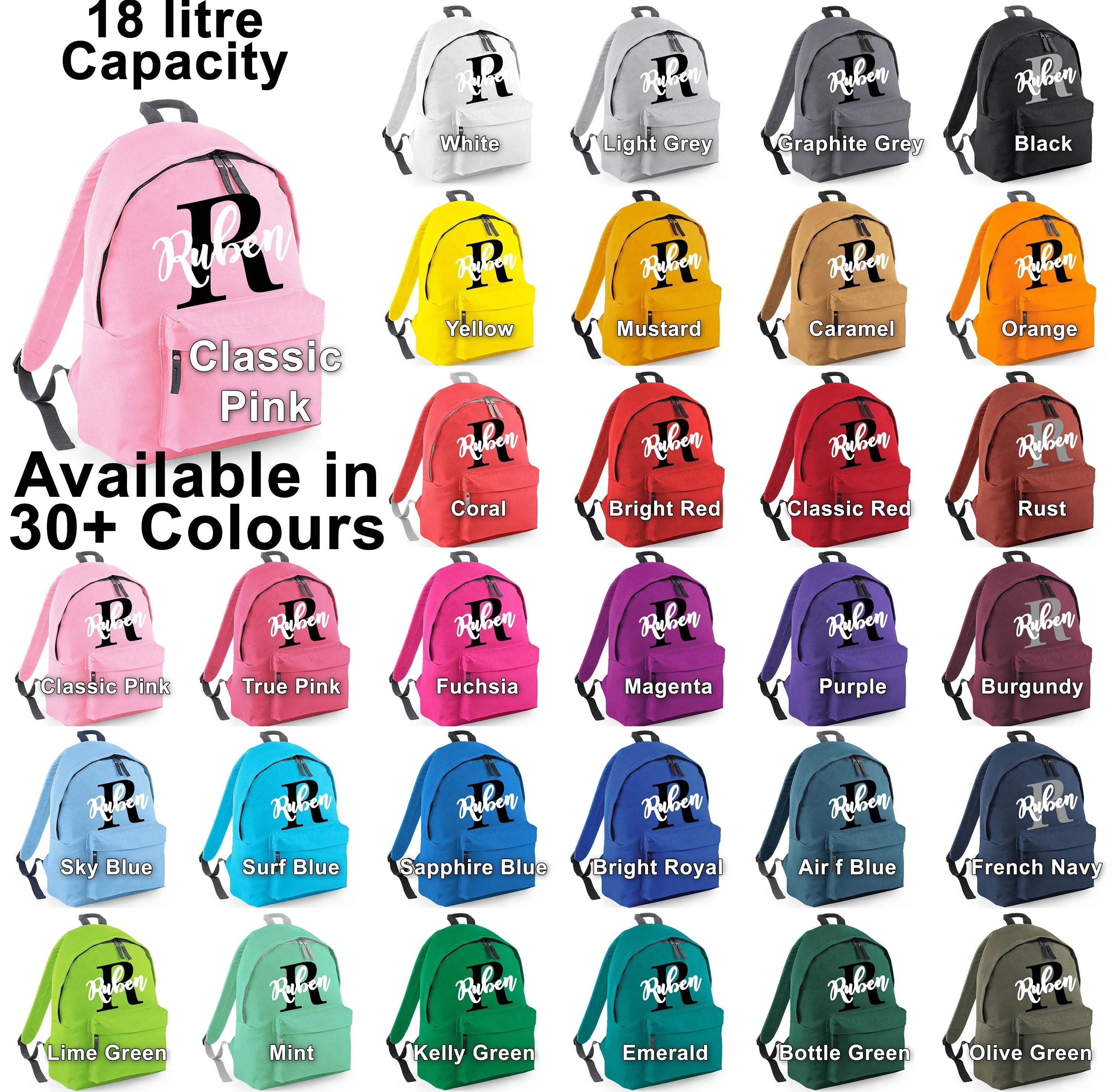 Kids Backpack Personalised With Name and Initial Available In Three Sizes - Mini 9L - Junior 12L - Original Full Size 18L