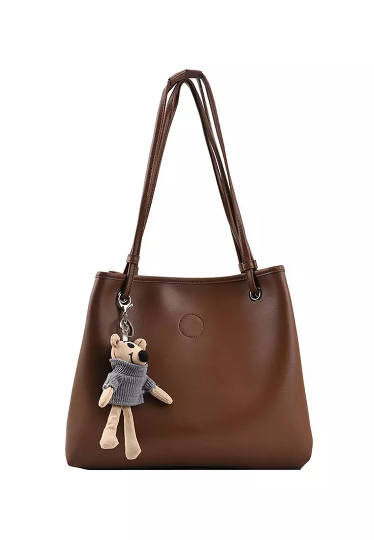 Lara Women's Plain Teddy Bear Charm Soft PU Leather Tote Bag - Light Brown