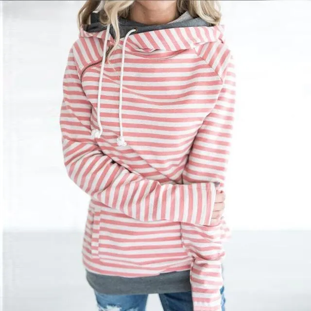 Lossky Double Hooded Striped Drawstring Hoodie