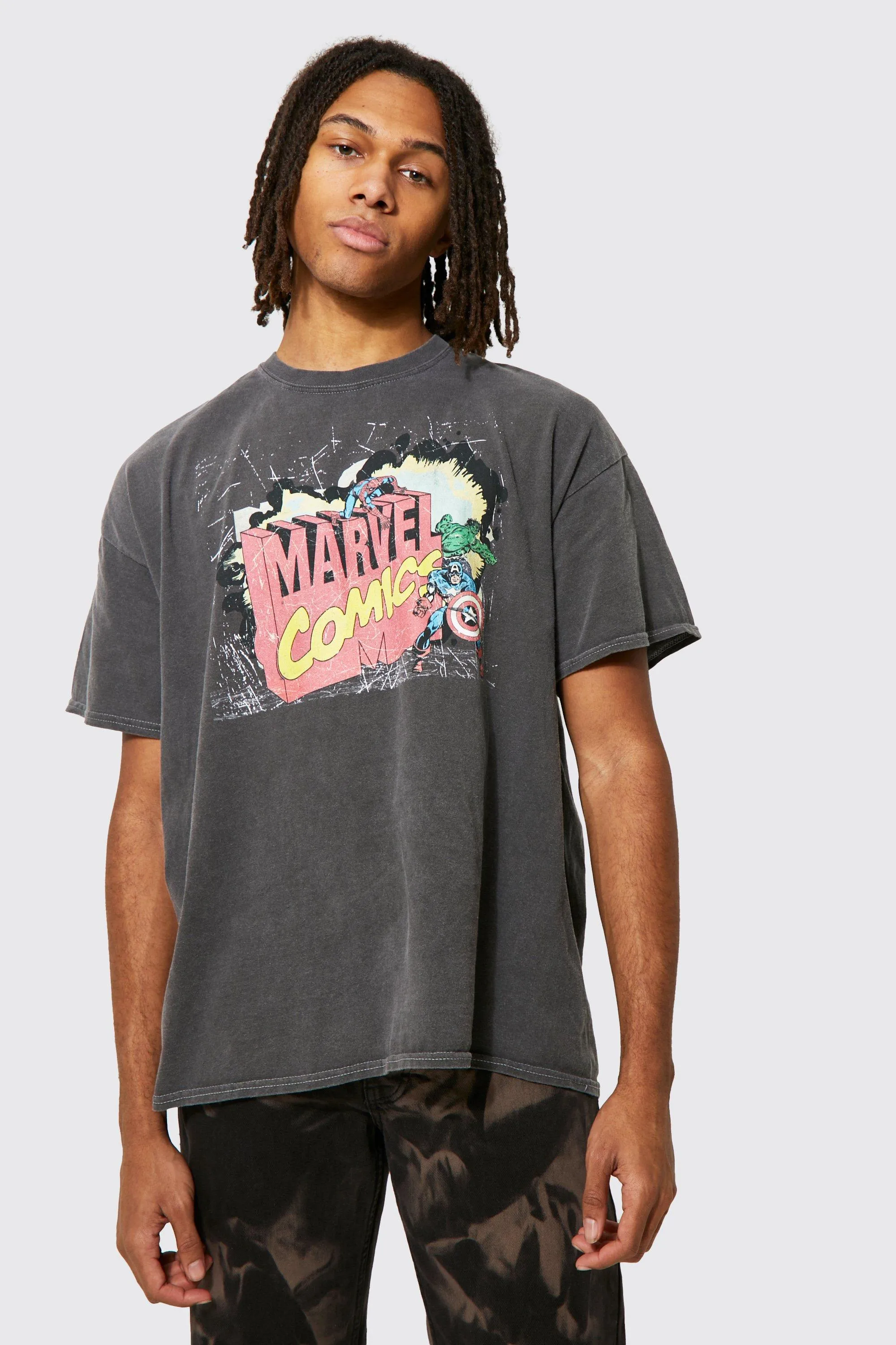 Oversized Marvel Acid Wash License T-shirt | boohooMAN UK