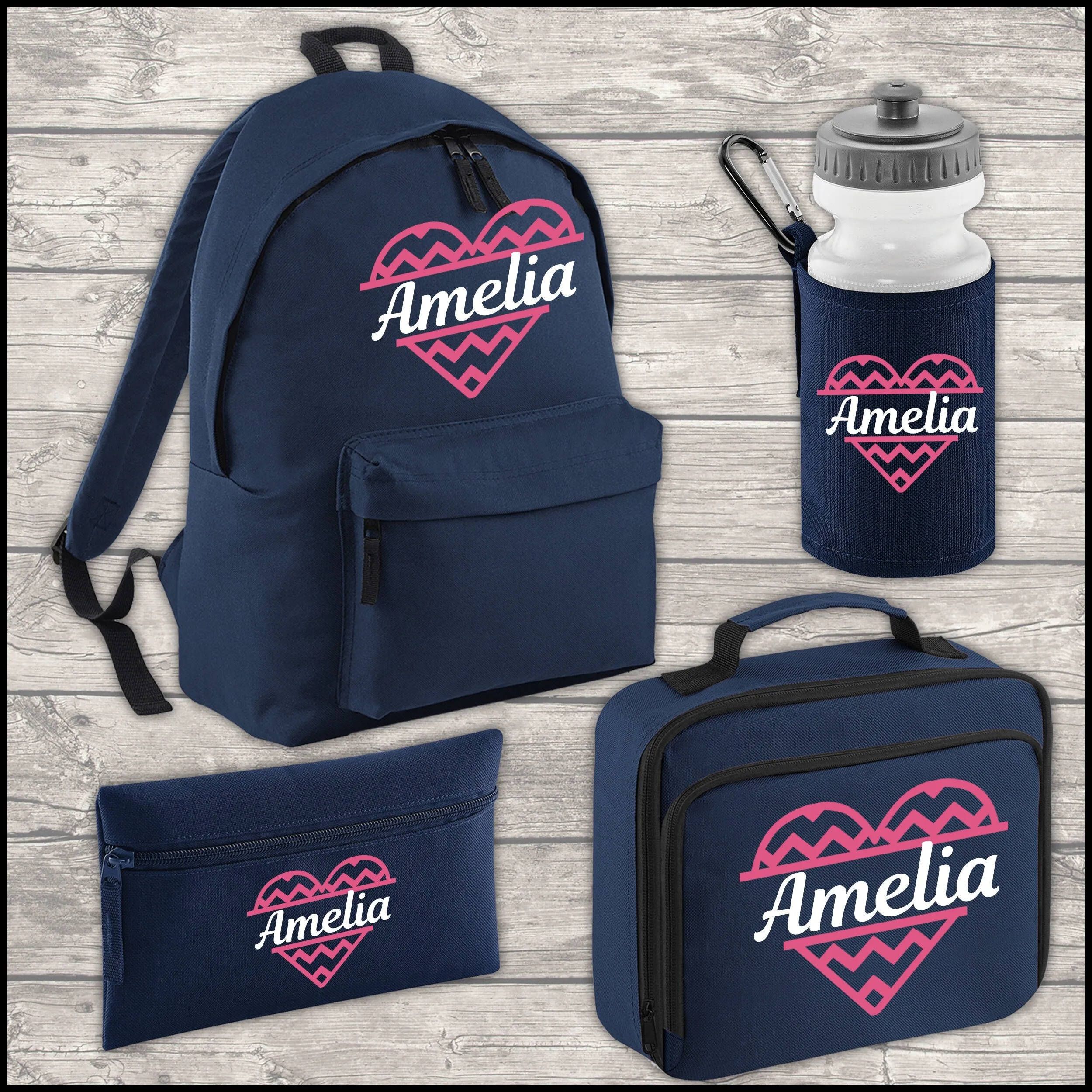 Personalised 12 Litre Backpack - Water Bottle - Lunch Bag - Pencil Case - Back To School - Heart with Name - Navy