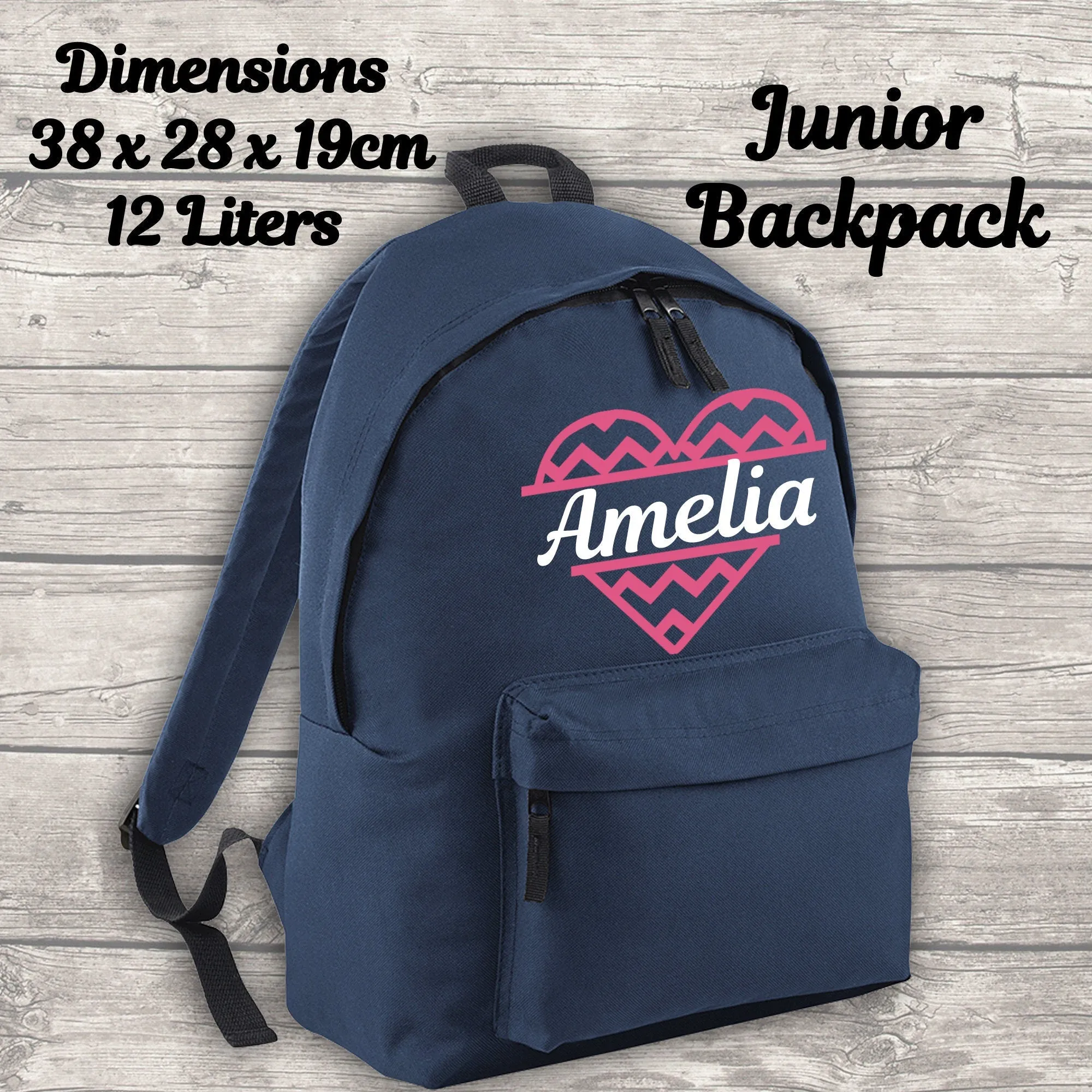 Personalised 12 Litre Backpack - Water Bottle - Lunch Bag - Pencil Case - Back To School - Heart with Name - Navy