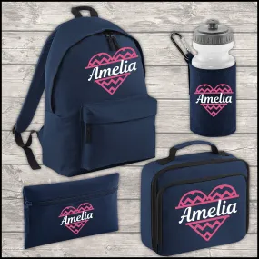 Personalised 12 Litre Backpack - Water Bottle - Lunch Bag - Pencil Case - Back To School - Heart with Name - Navy