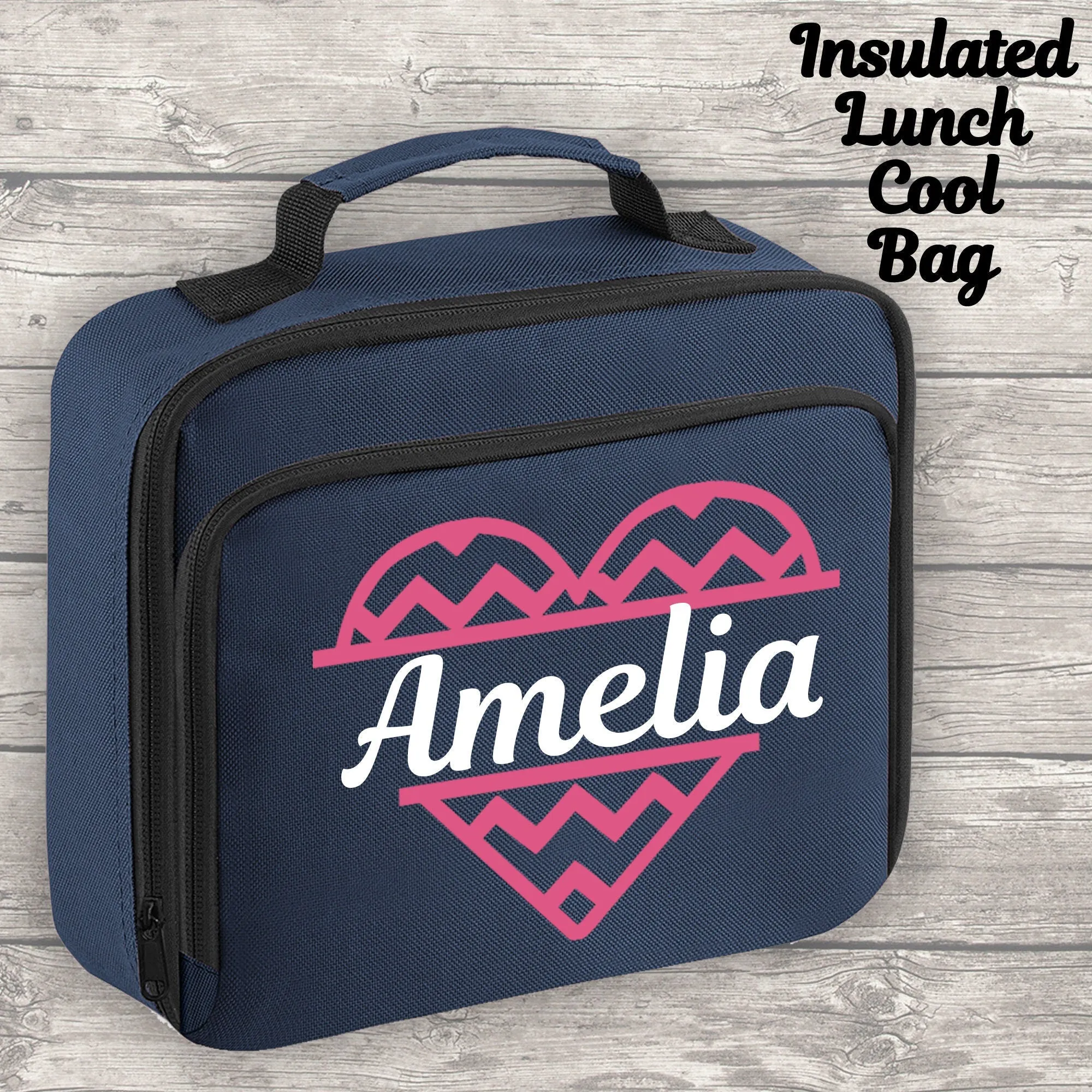 Personalised 12 Litre Backpack - Water Bottle - Lunch Bag - Pencil Case - Back To School - Heart with Name - Navy