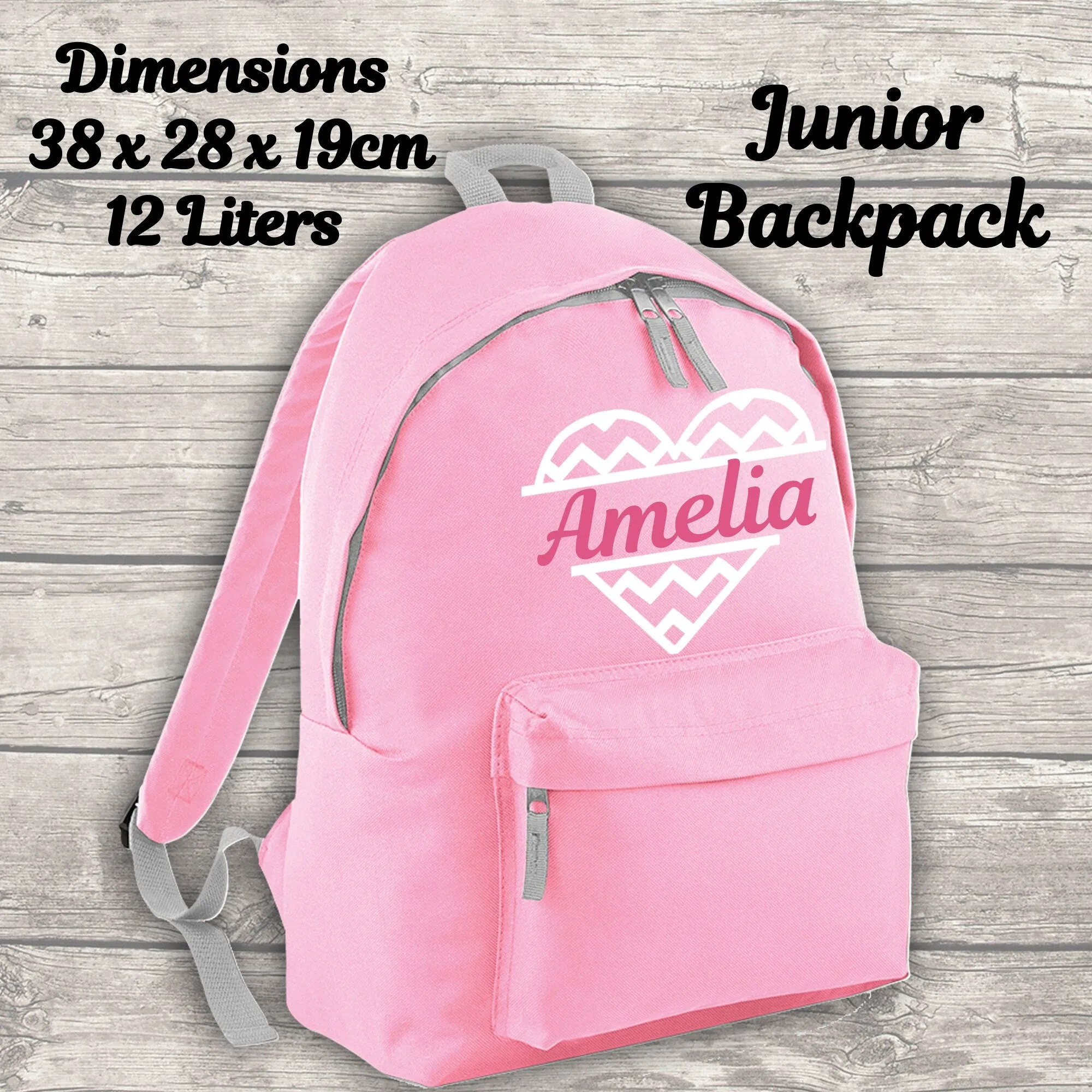 Personalised 12 Litre Backpack - Water Bottle - Lunch Bag - Pencil Case - Back To School - Heart with Name - Pink