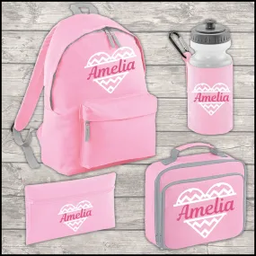 Personalised 12 Litre Backpack - Water Bottle - Lunch Bag - Pencil Case - Back To School - Heart with Name - Pink