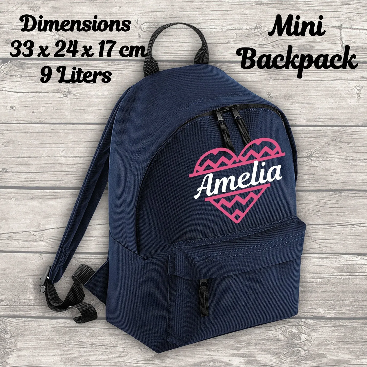 Personalised 9 Litre Backpack - Water Bottle - Lunch Bag - Pencil Case - Back To School - Heart with Name - Navy