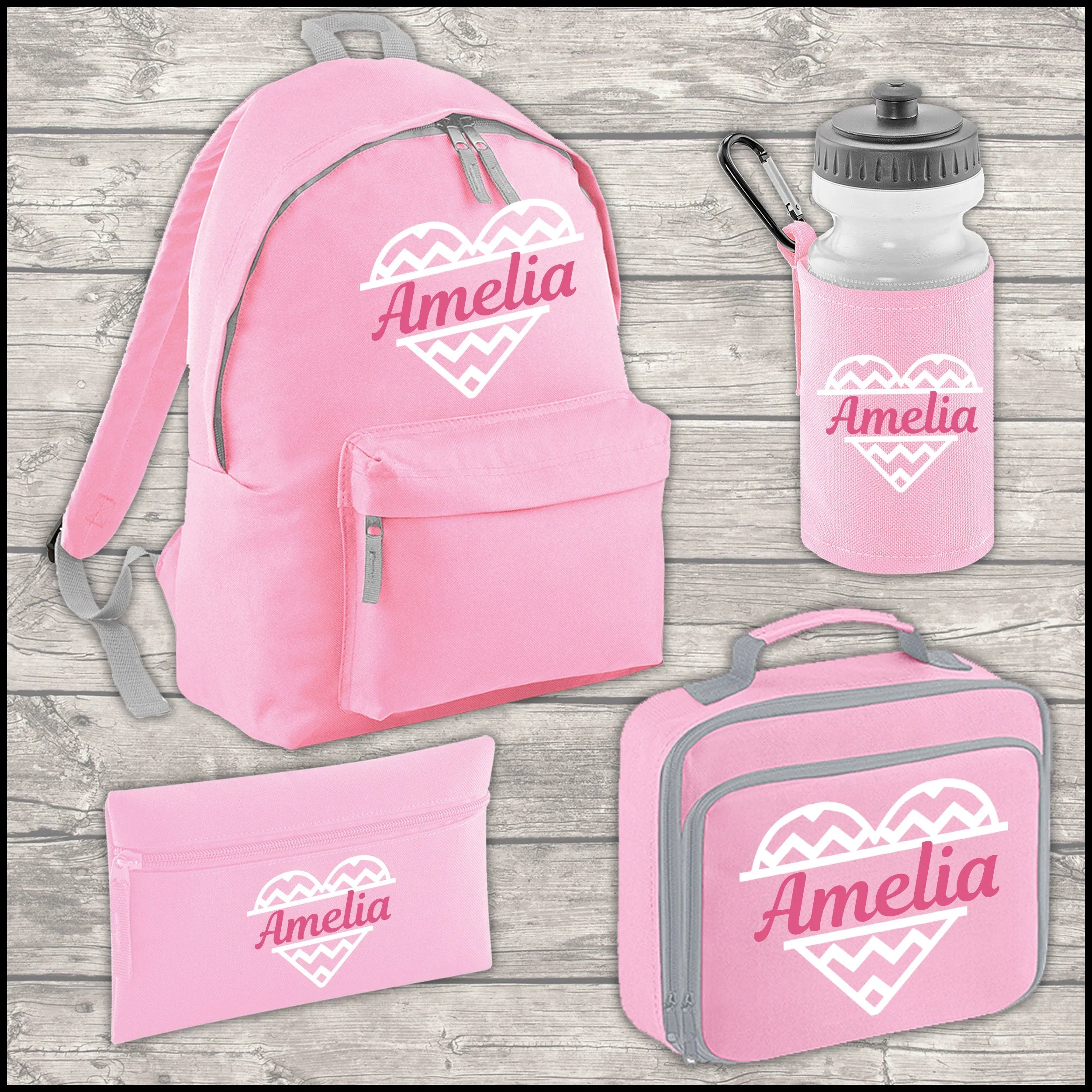 Personalised 9 Litre Backpack - Water Bottle - Lunch Bag - Pencil Case - Back To School - Heart with Name - Pink