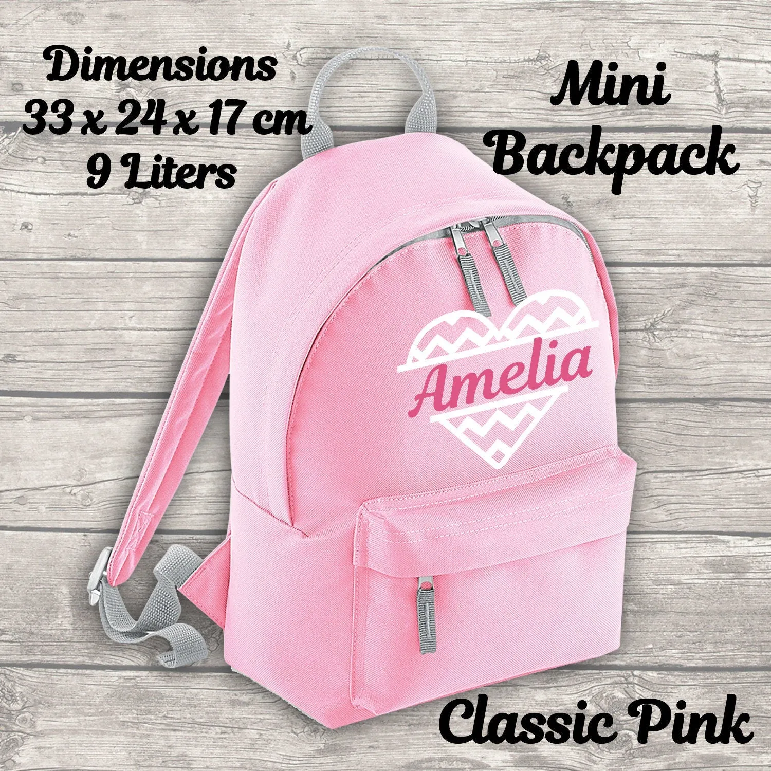 Personalised 9 Litre Backpack - Water Bottle - Lunch Bag - Pencil Case - Back To School - Heart with Name - Pink