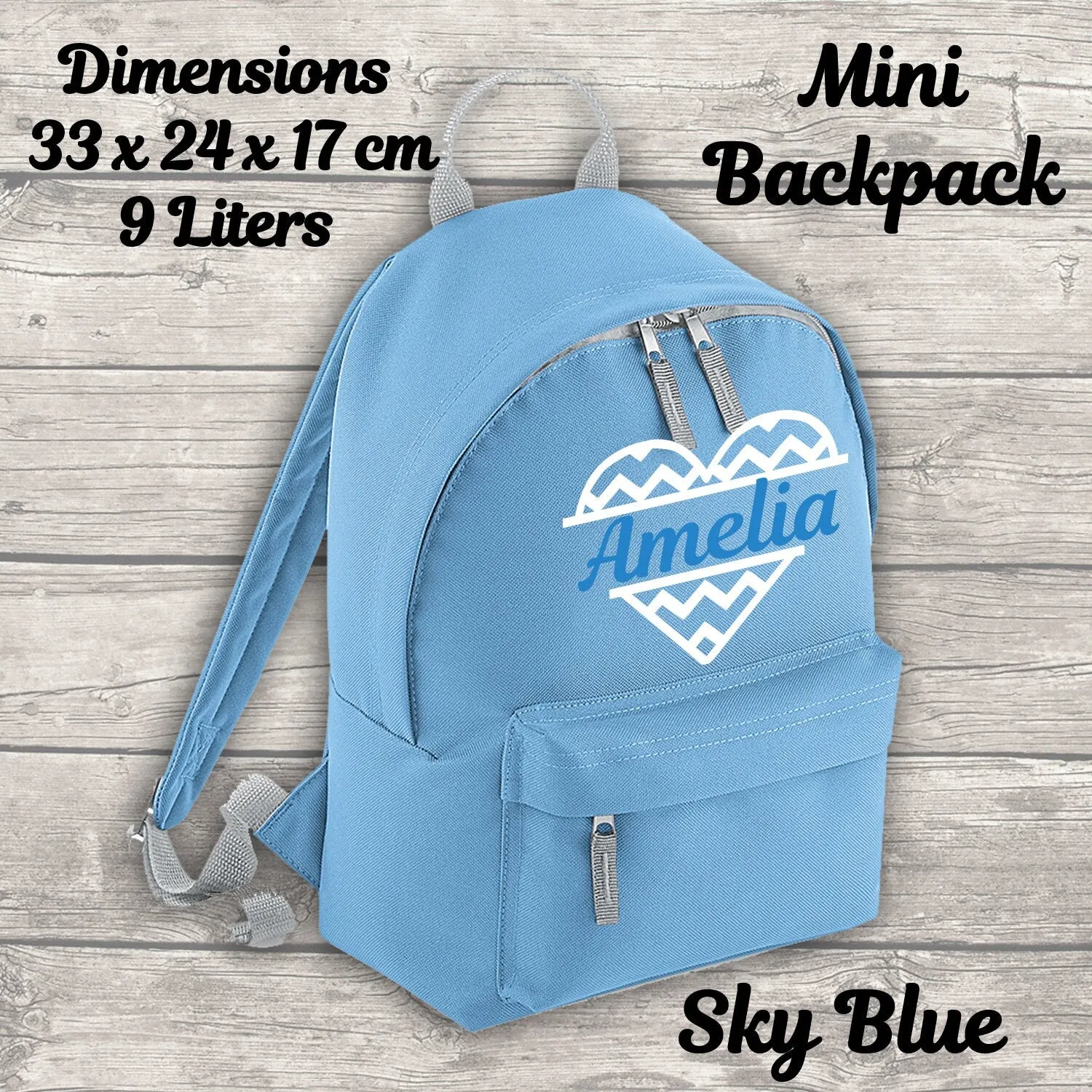 Personalised 9 Litre Backpack - Water Bottle - Lunch Bag - Pencil Case - Back To School - Heart with Name - Sky Blue