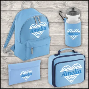 Personalised 9 Litre Backpack - Water Bottle - Lunch Bag - Pencil Case - Back To School - Heart with Name - Sky Blue