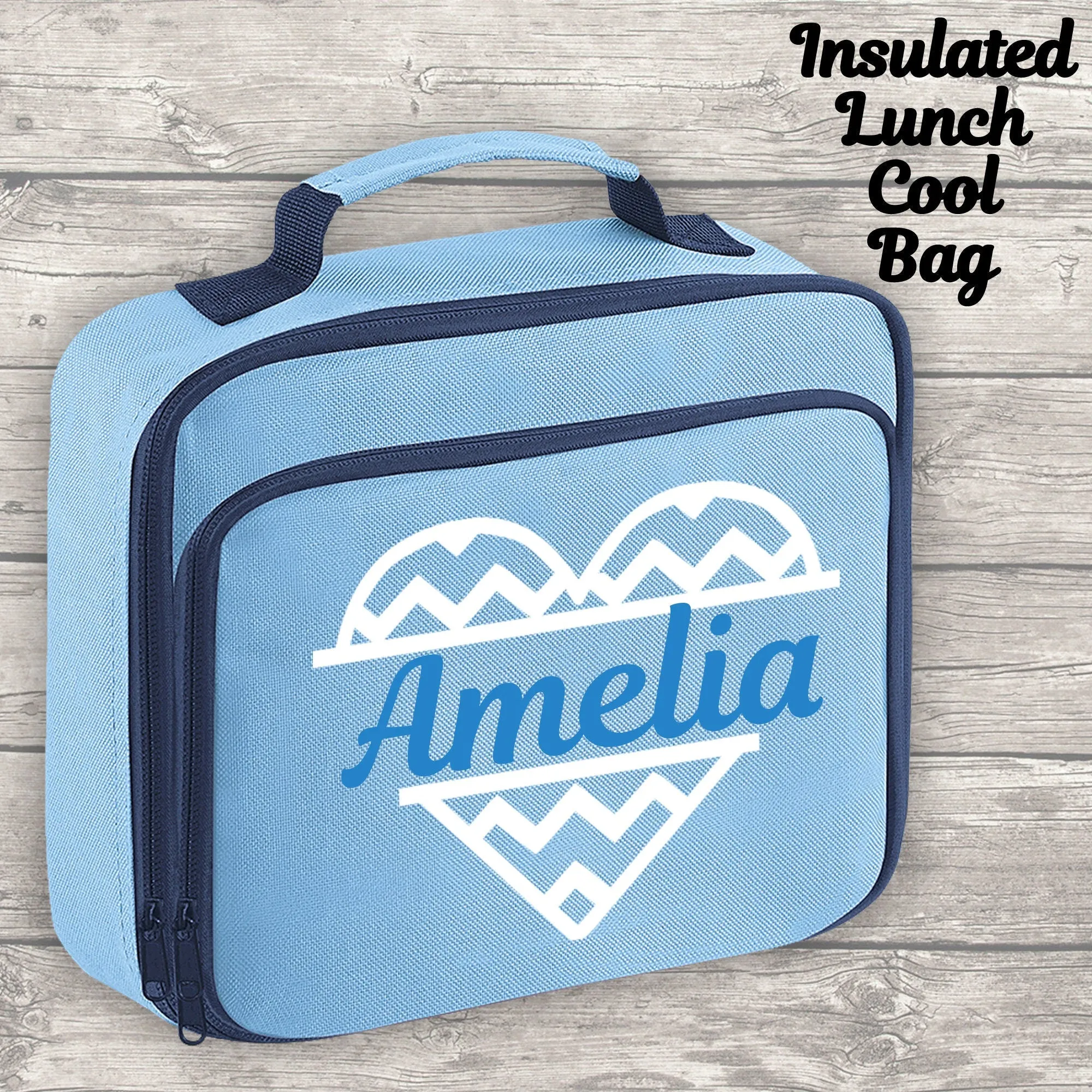 Personalised 9 Litre Backpack - Water Bottle - Lunch Bag - Pencil Case - Back To School - Heart with Name - Sky Blue