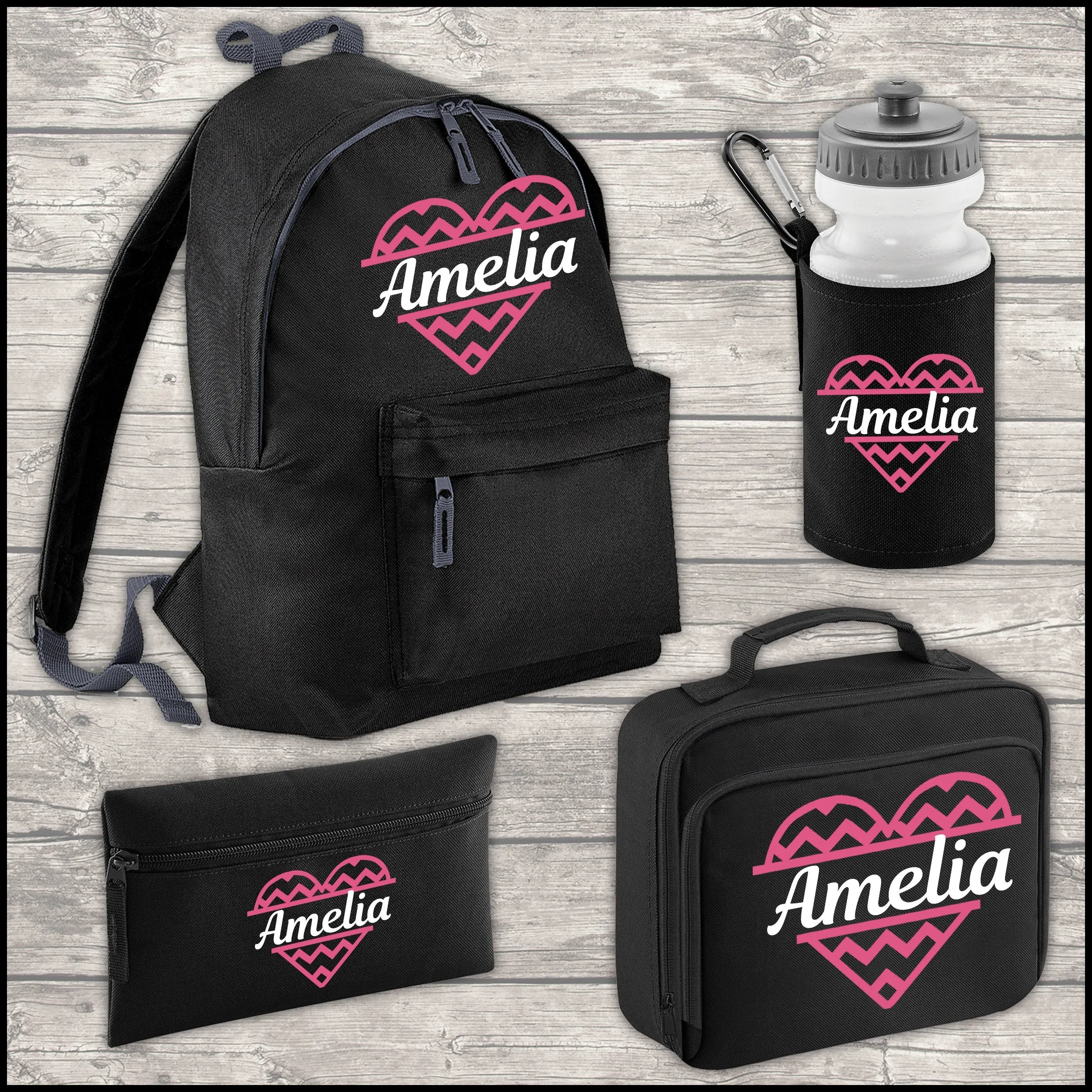 Personalised 9 Litre Backpack - Water Bottle - Lunch Bag - Pencil Case - Back To School - Heart with Name