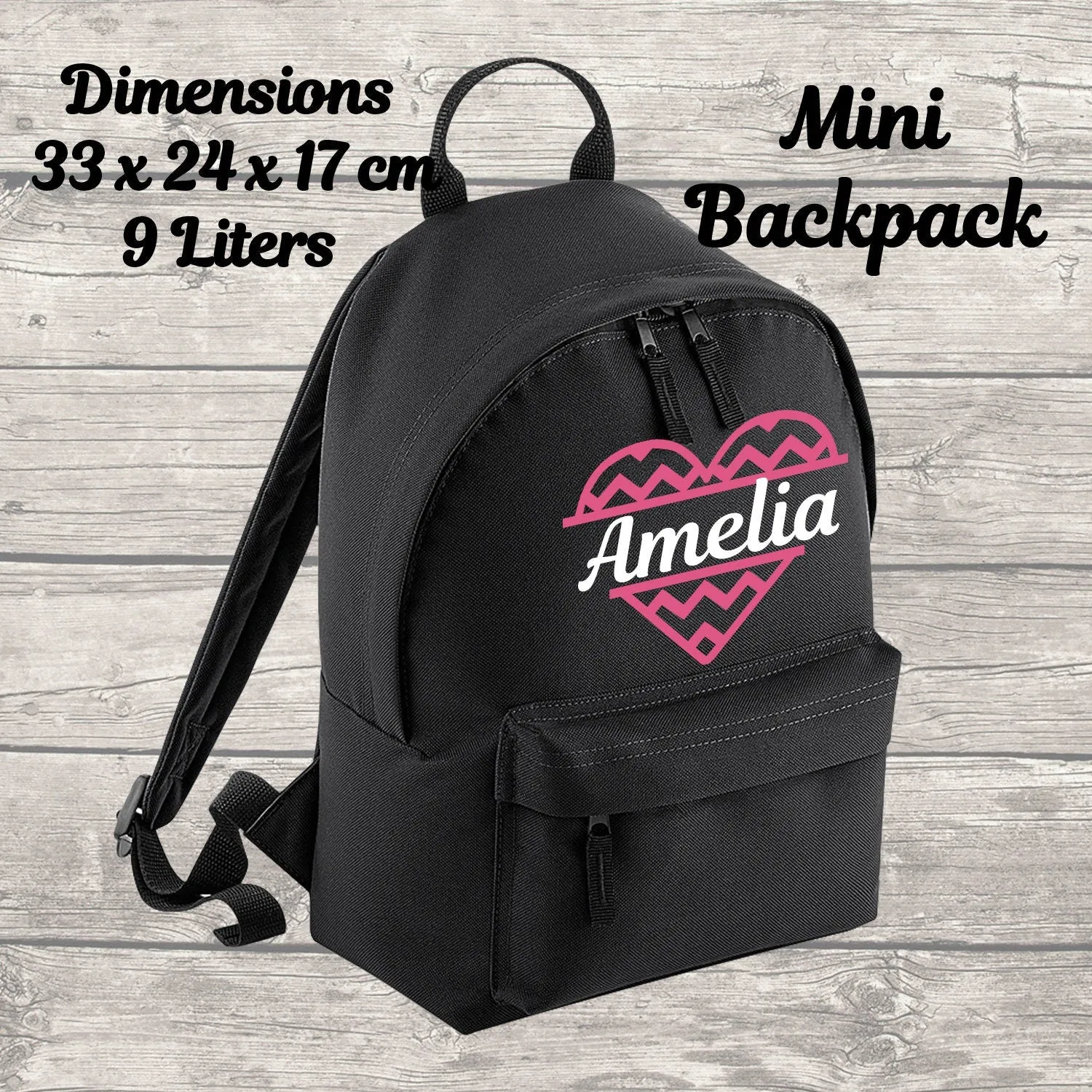 Personalised 9 Litre Backpack - Water Bottle - Lunch Bag - Pencil Case - Back To School - Heart with Name