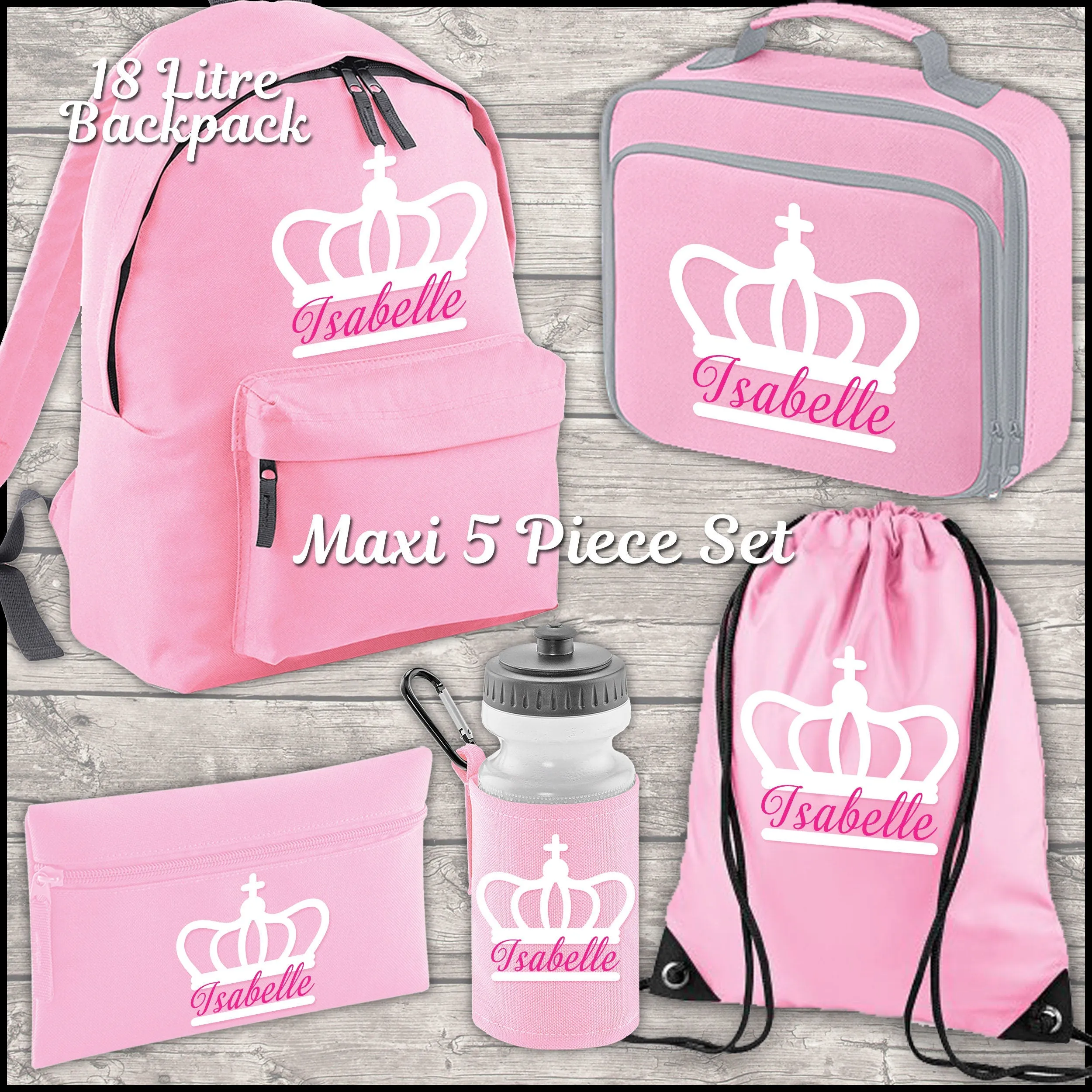 Personalised Backpack Kids 18 12 or 9 Litre Boys Girls Crown Name Lunch Bag Water Bottle Pencil Case School PE Bag Back To Schoo