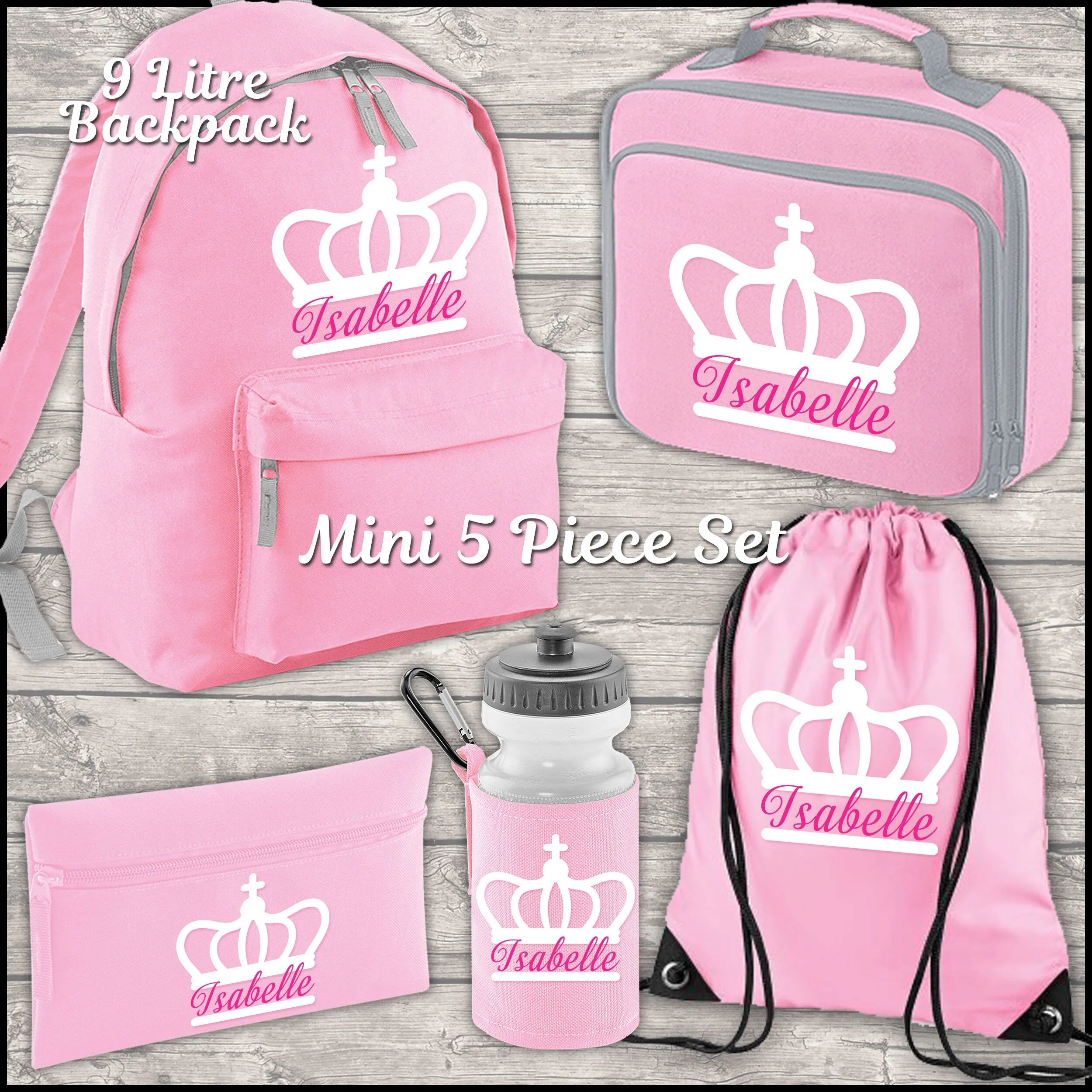 Personalised Backpack Kids 18 12 or 9 Litre Boys Girls Crown Name Lunch Bag Water Bottle Pencil Case School PE Bag Back To Schoo