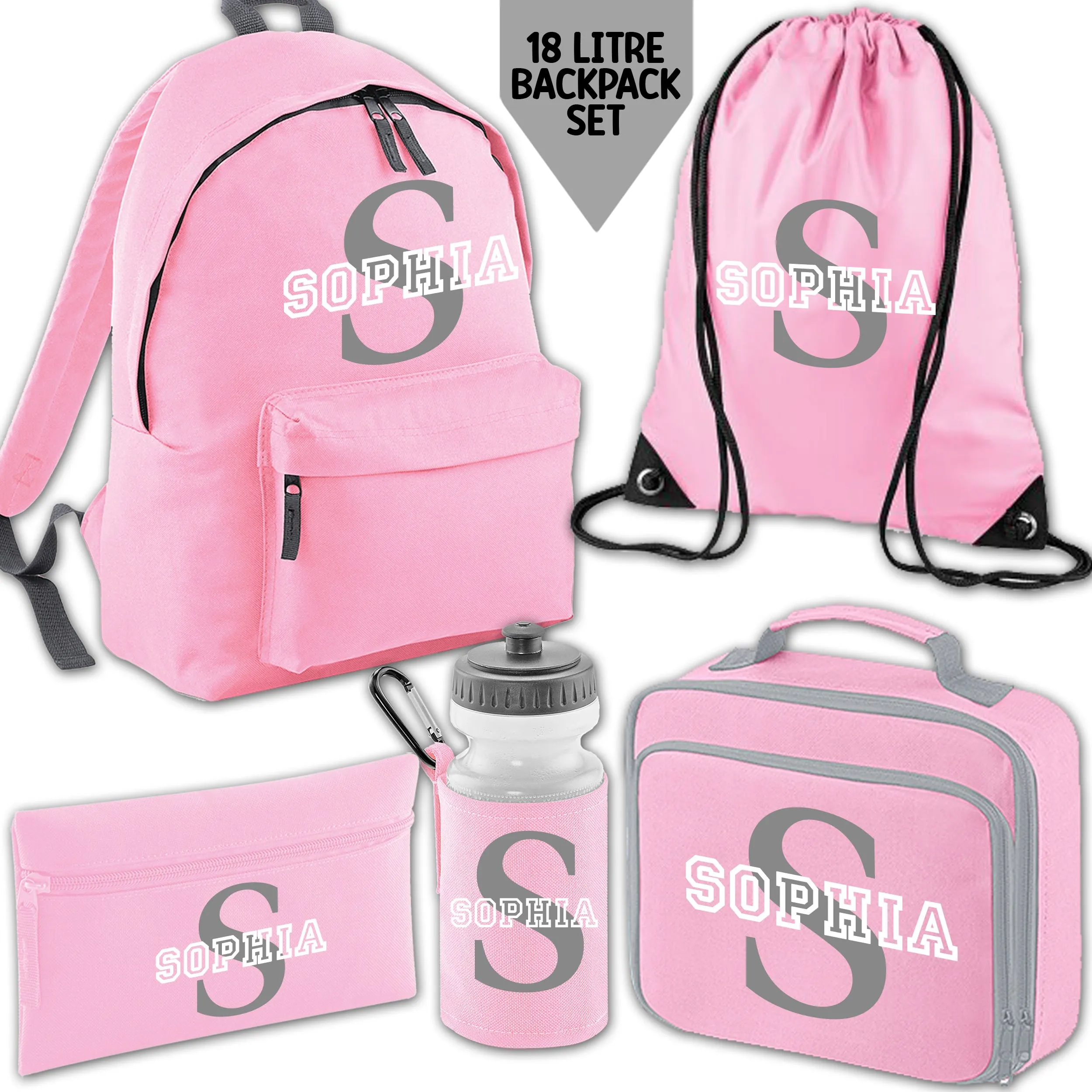 Personalised Backpack Kids 18 12 or 9 Litre Initial and Name Lunch Bag Water Bottle Pencil Case School PE Bag Back To School Pin