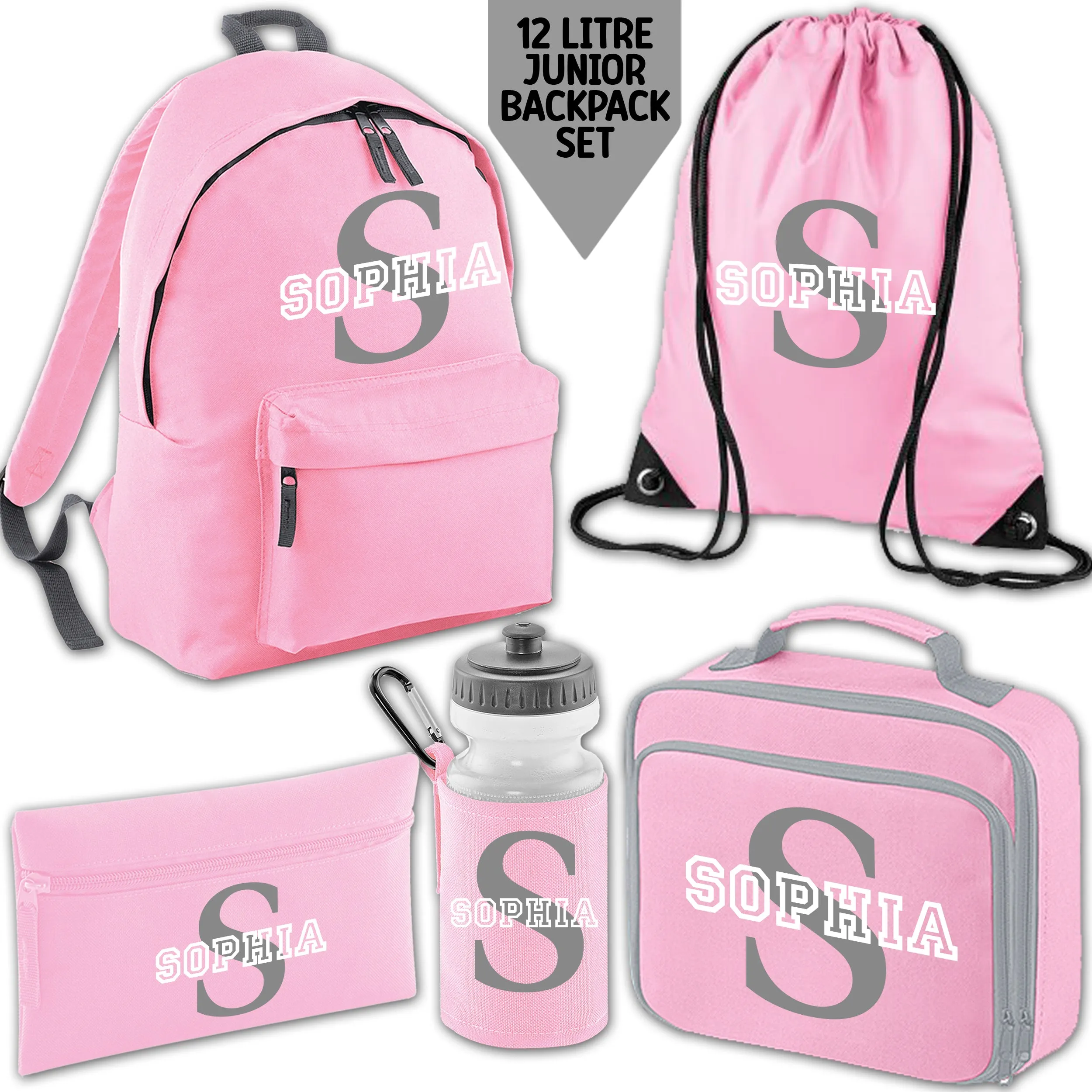 Personalised Backpack Kids 18 12 or 9 Litre Initial and Name Lunch Bag Water Bottle Pencil Case School PE Bag Back To School Pin