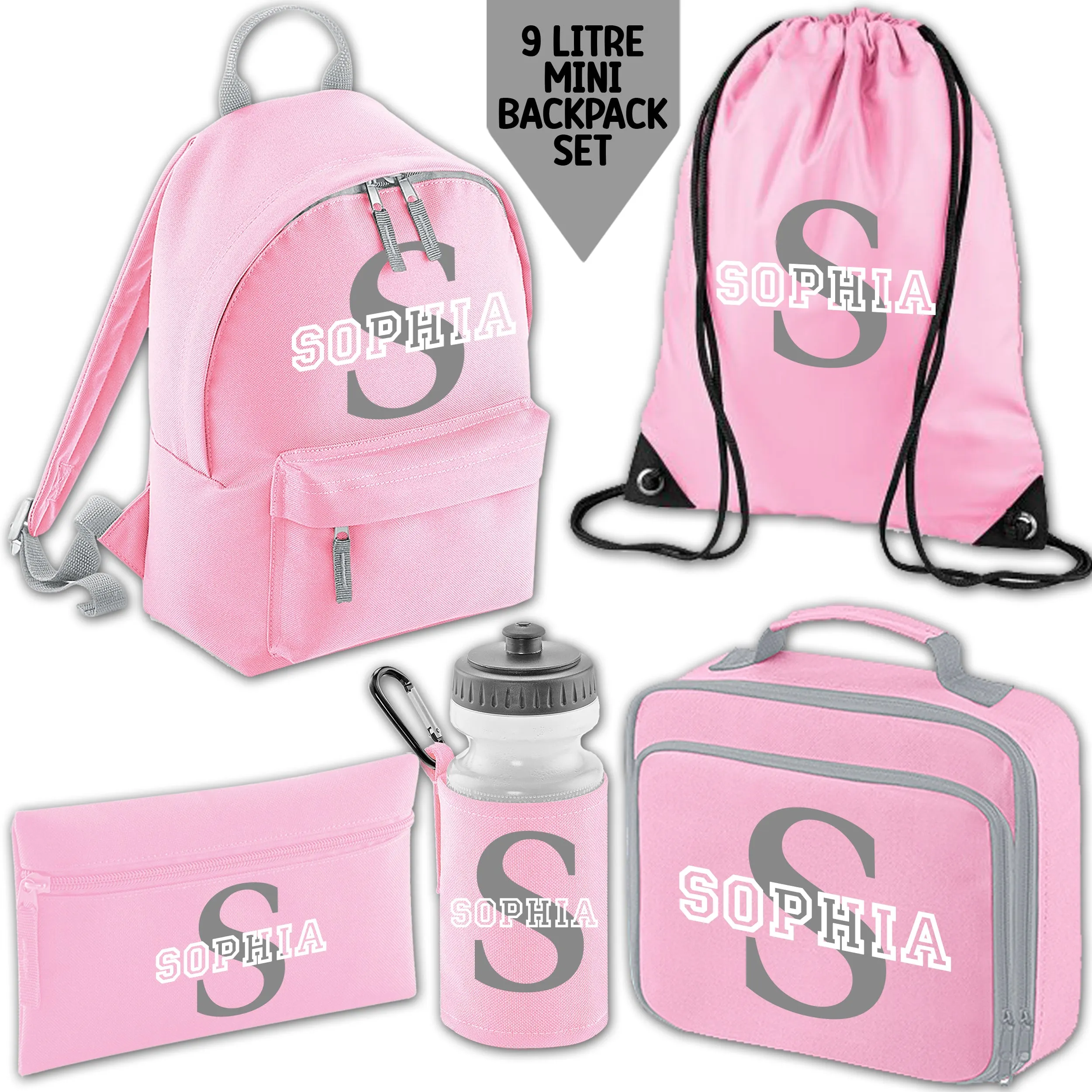 Personalised Backpack Kids 18 12 or 9 Litre Initial and Name Lunch Bag Water Bottle Pencil Case School PE Bag Back To School Pin