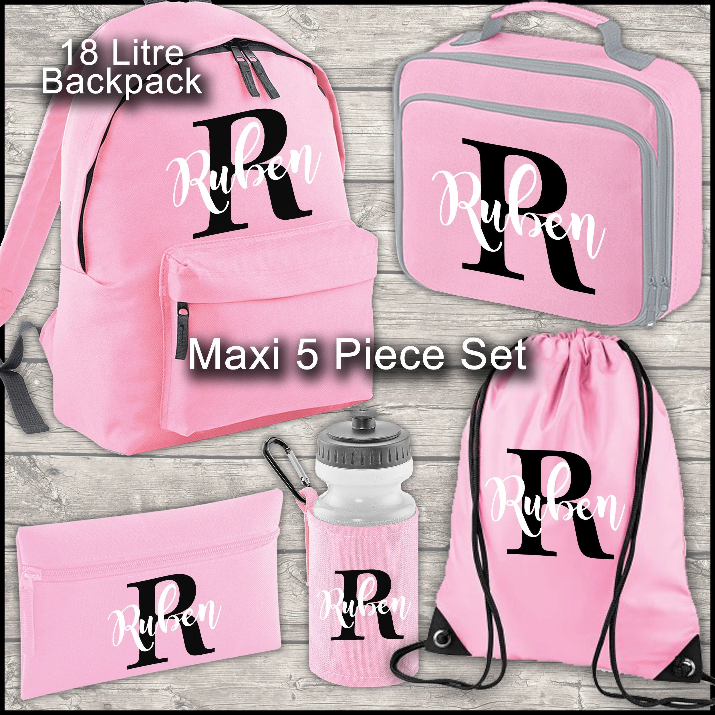 Personalised Backpack Kids 18 Litre Boys Girls Initial Name Lunch Bag Water Bottle and Pencil Case PE Bag School Bag Back To Sch