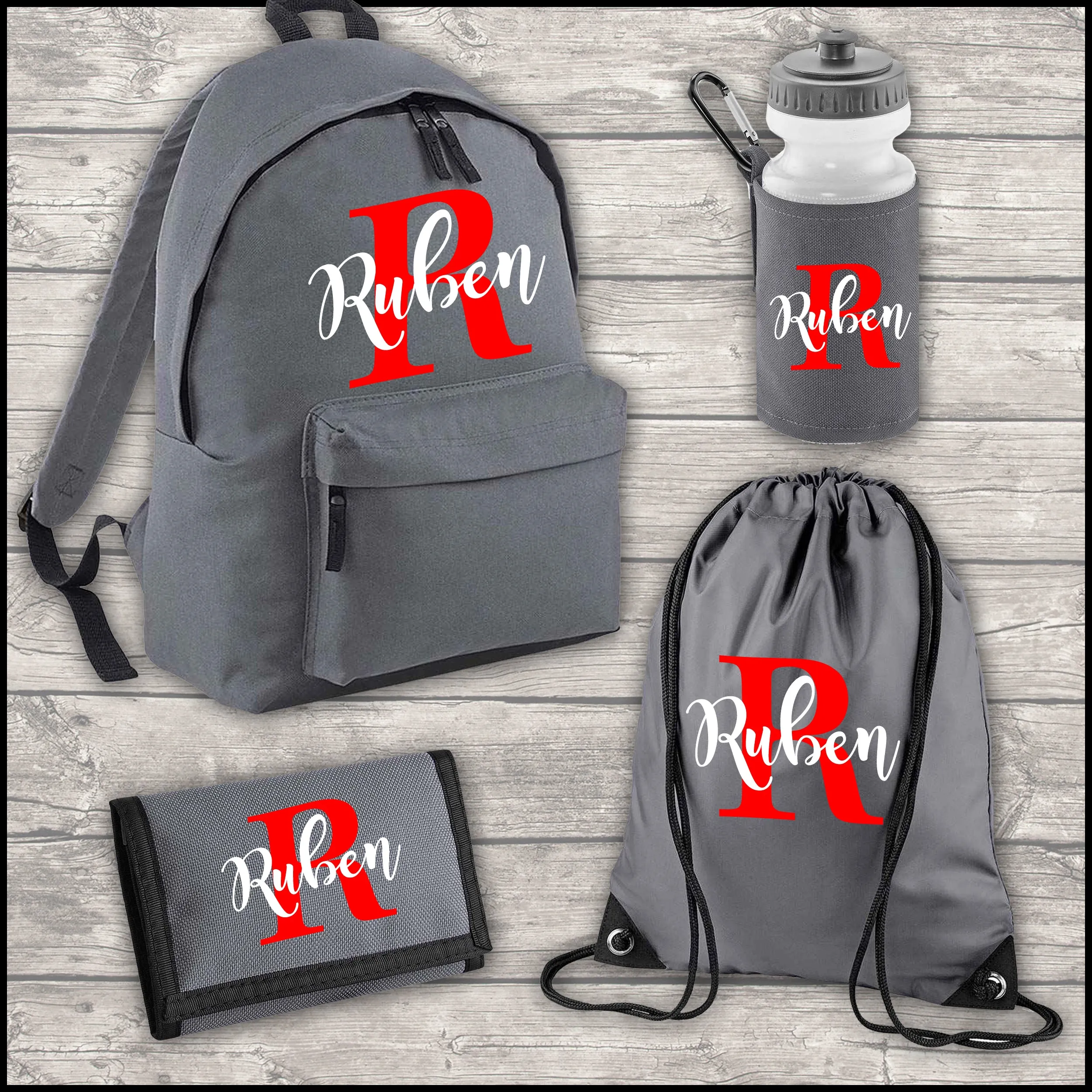 Personalised Backpack Kids 18 Litre Boys Girls Initial Name Water Bottle and PE Bag Money Wallet School Bag Back To School Graph