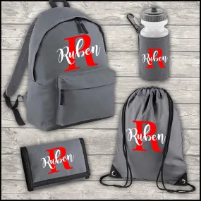 Personalised Backpack Kids 18 Litre Boys Girls Initial Name Water Bottle and PE Bag Money Wallet School Bag Back To School Graph