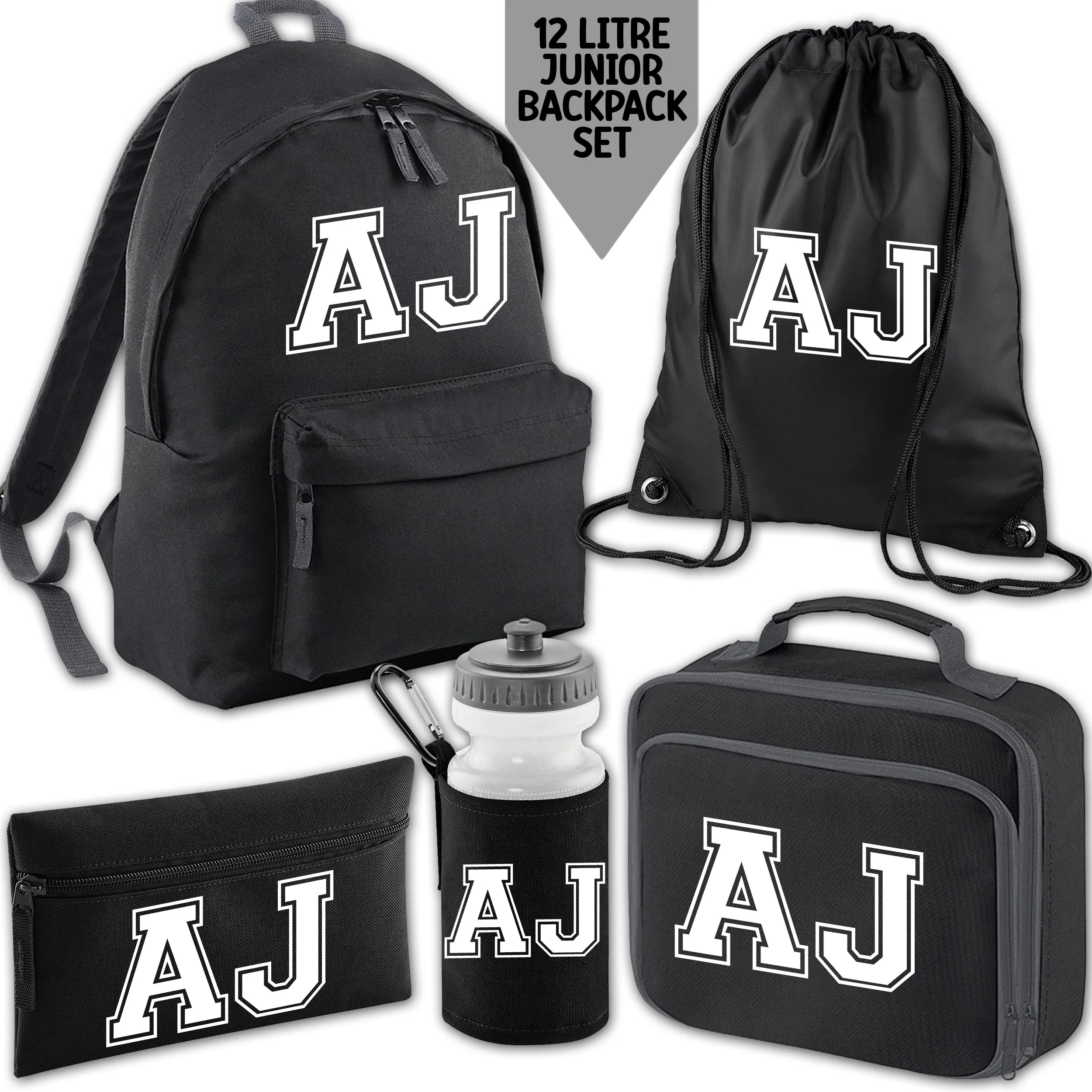 Personalised Backpack Kids School Bag Set Black With Initials Lunch Bag Water Bottle Gym Bag Pencil Case Back To School