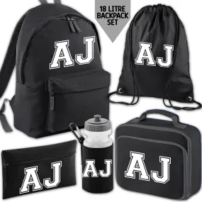 Personalised Backpack Kids School Bag Set Black With Initials Lunch Bag Water Bottle Gym Bag Pencil Case Back To School