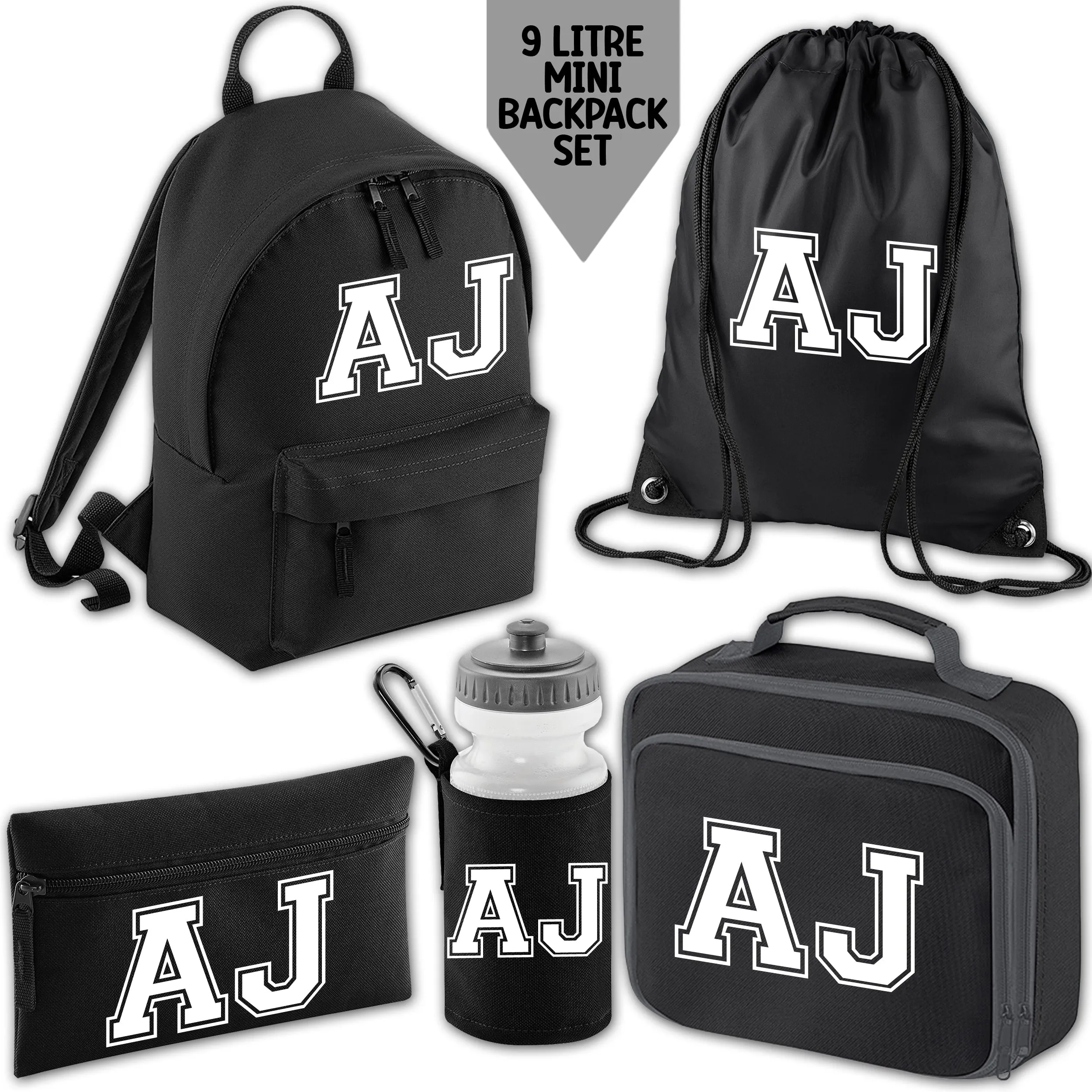 Personalised Backpack Kids School Bag Set Black With Initials Lunch Bag Water Bottle Gym Bag Pencil Case Back To School