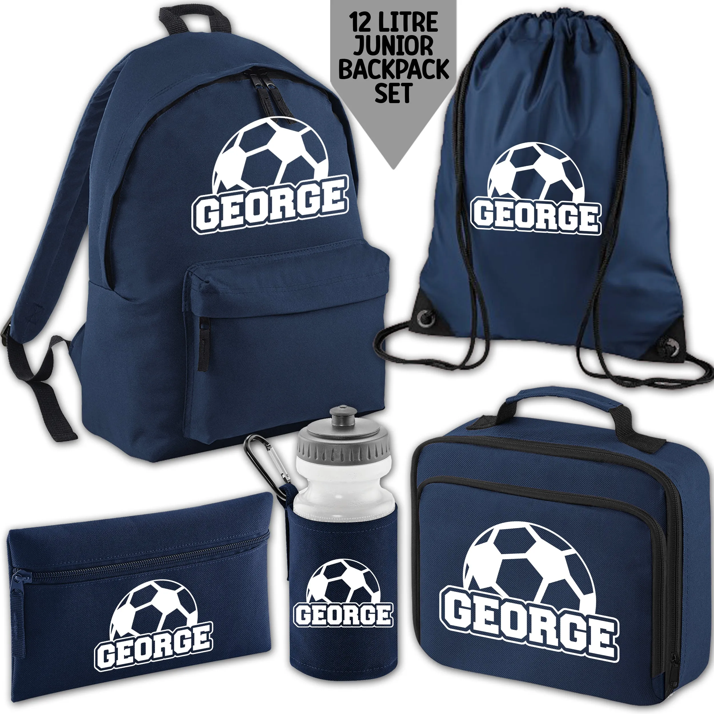 Personalised Backpack Kids School Bag Set Football Name Navy Lunch Bag Water Bottle Gym Bag Pencil Case Back To School