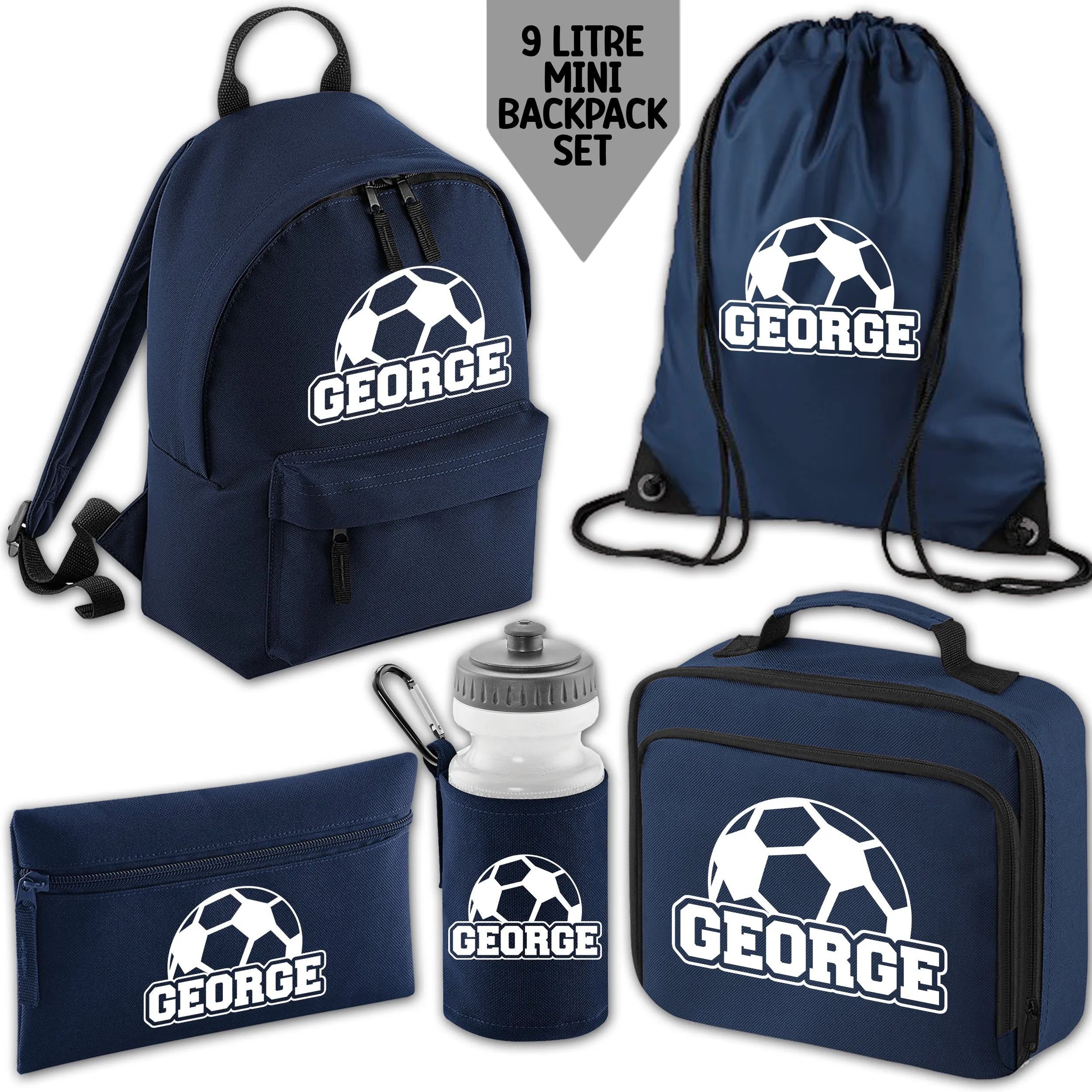 Personalised Backpack Kids School Bag Set Football Name Navy Lunch Bag Water Bottle Gym Bag Pencil Case Back To School