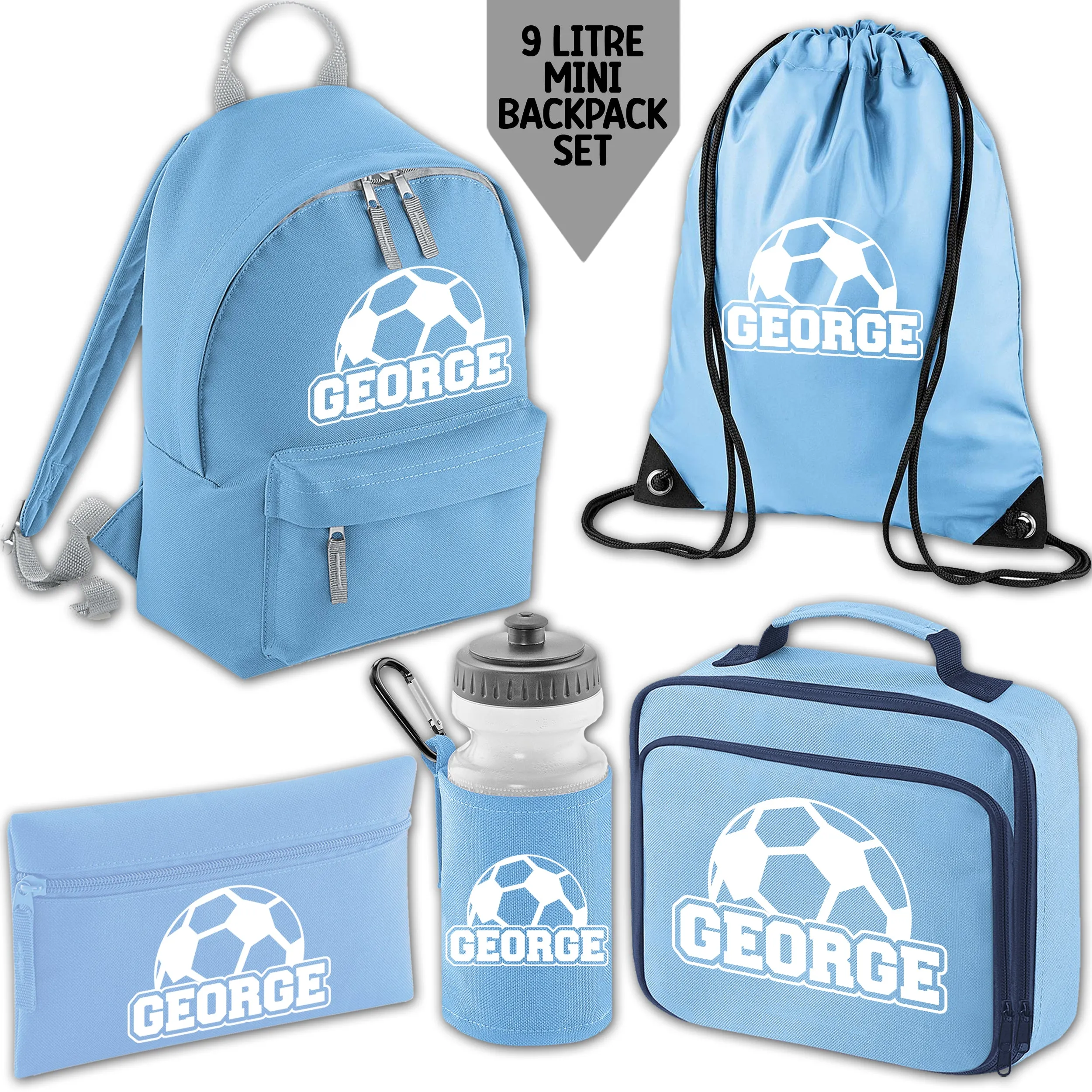 Personalised Backpack Kids School Bag Set Football Name Sky Blue Lunch Bag Water Bottle Gym Bag Pencil Case Back To School