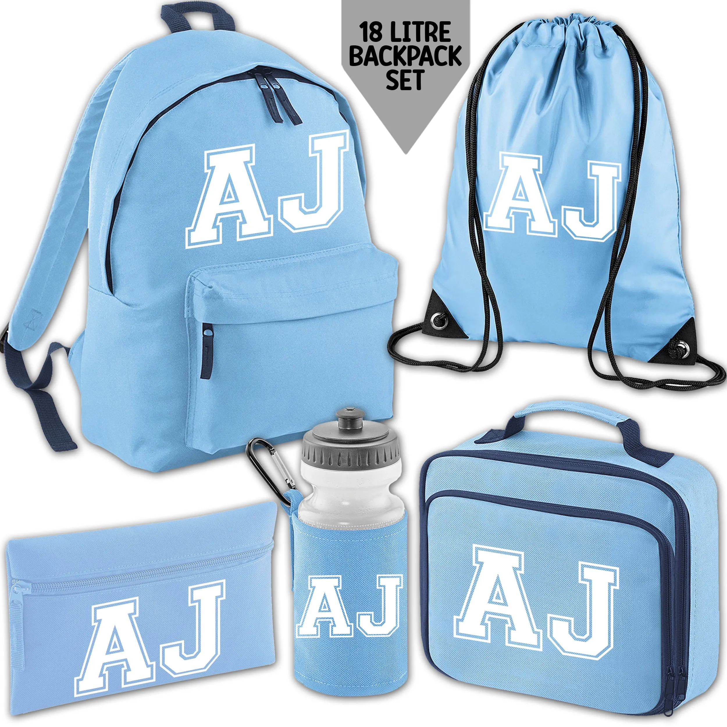 Personalised Backpack Kids School Bag Set Sky Blue With Initials Lunch Bag Water Bottle Gym Bag Pencil Case Back To School