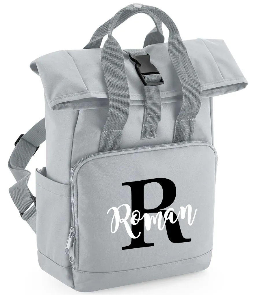 Personalised Childrens Name and Initial Backpack Twin Handle Roll-Top Bag Grey